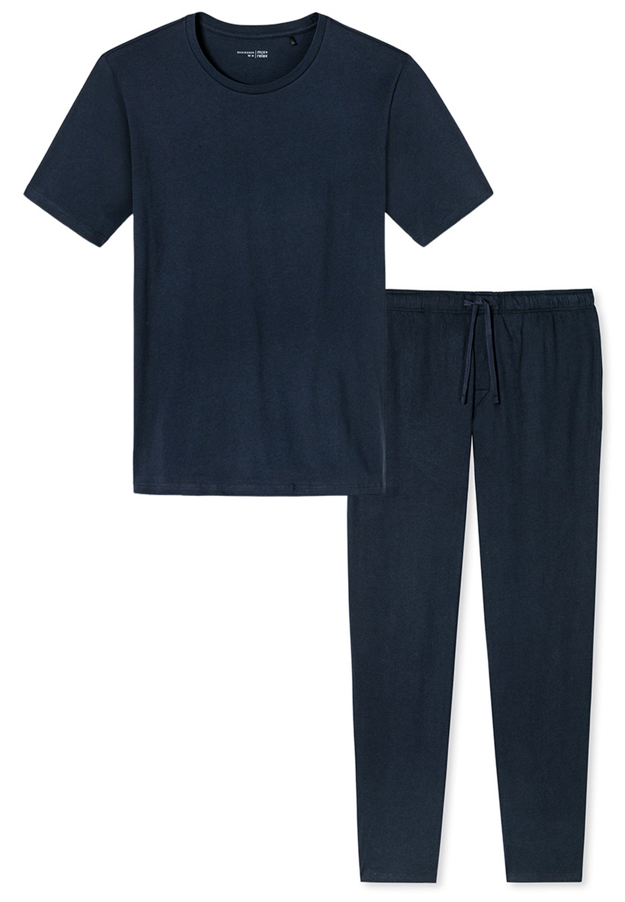 - Mix 2 tlg) Baumwolle mit Kurzarm-Shirt - (Set, Dunkelblau Schlafanzug Rundhals-Ausschnitt Pyjama Schiesser