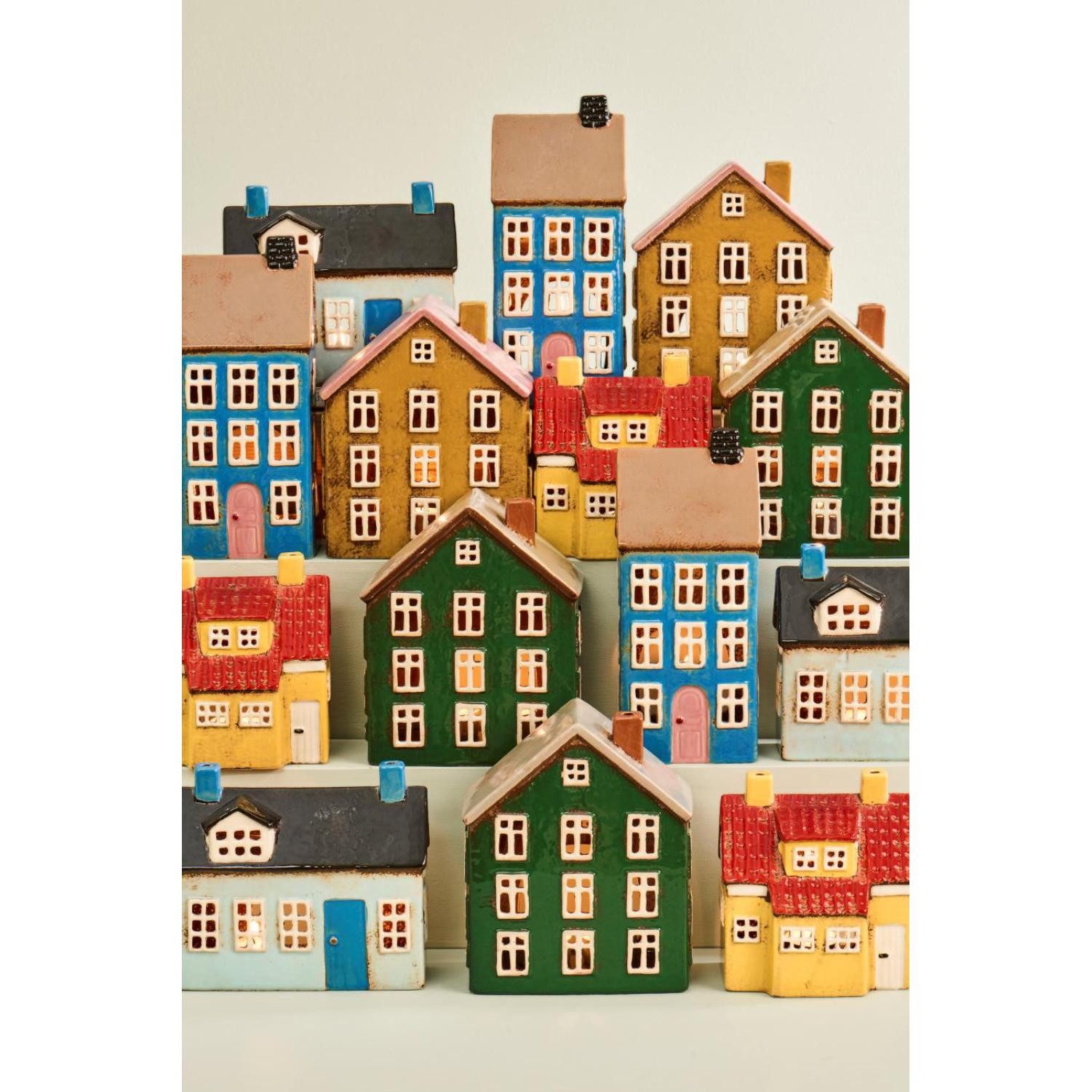 Ib Laursen Kerzenhalter Ib Laursen Haus für Teelicht Nyhavn grün mit gelber Tür (9,1x18x14,7cm