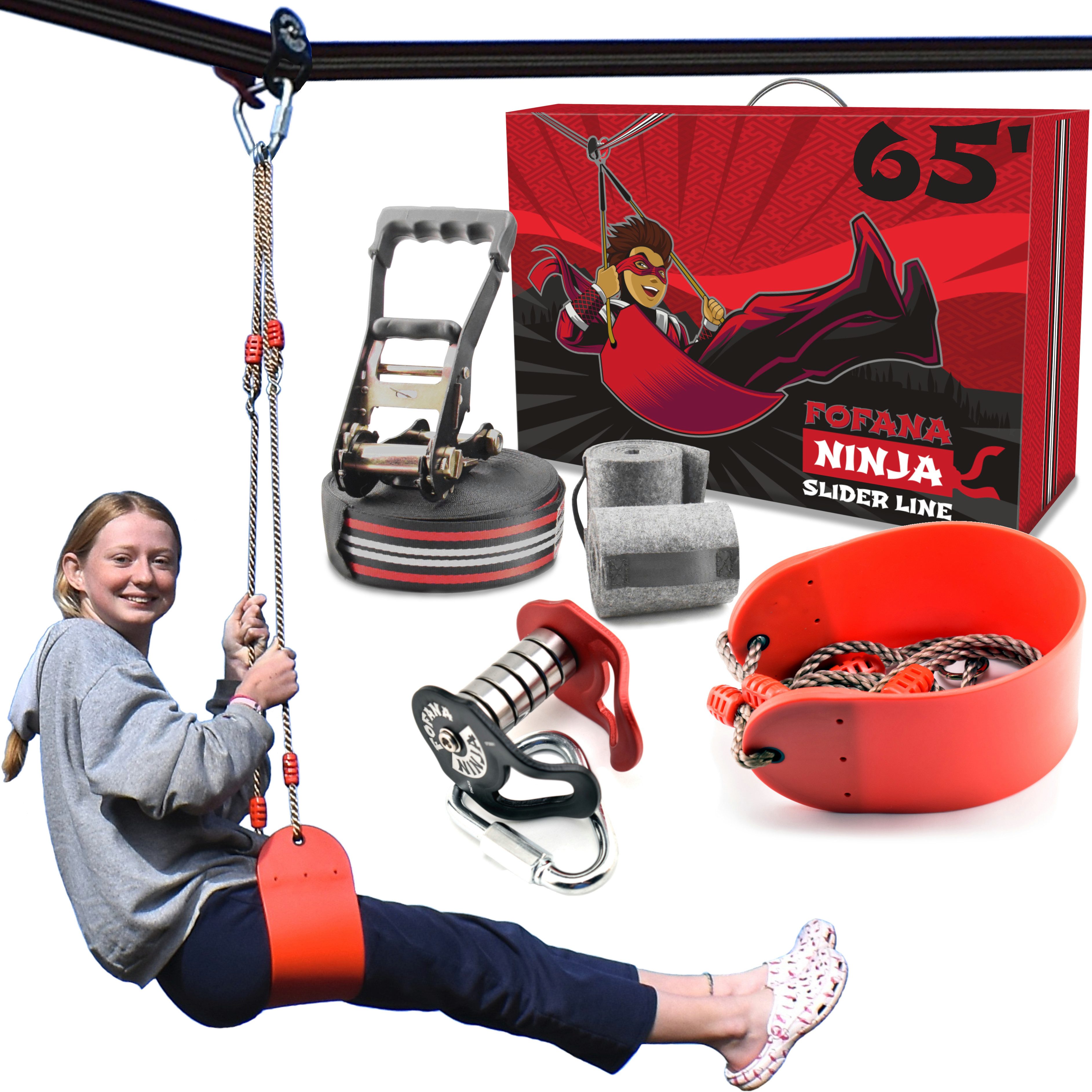 Fofana Ninja Slackline FOFANA NINJA SLIDER ZIPLINE PULLEY KIT, 20 METER, hochwertige Herstellung, Baumschonend