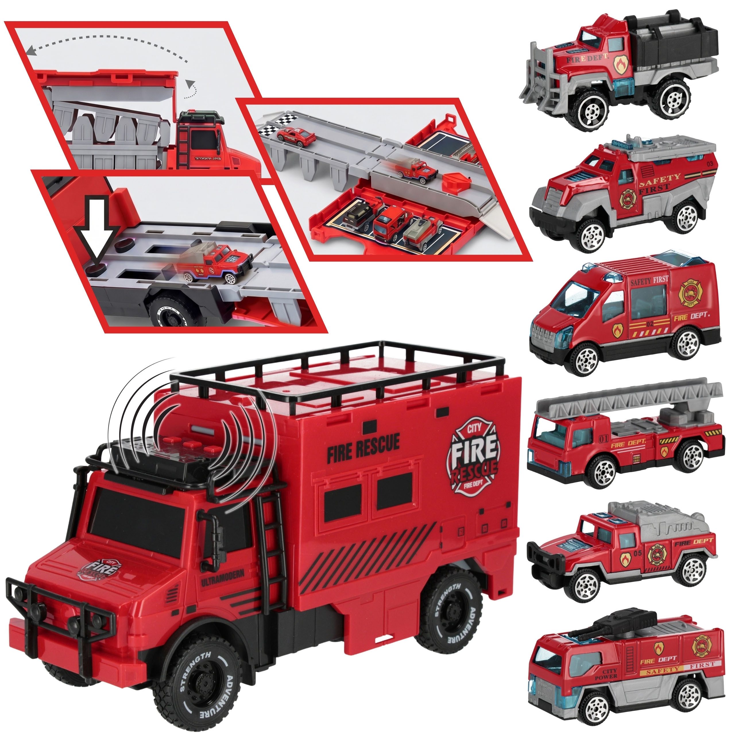 Sarcia.eu Spielzeug-Kran Feuerwehrwagen-Transporter mit Autos, Licht und Sound, ab 3 Jahren