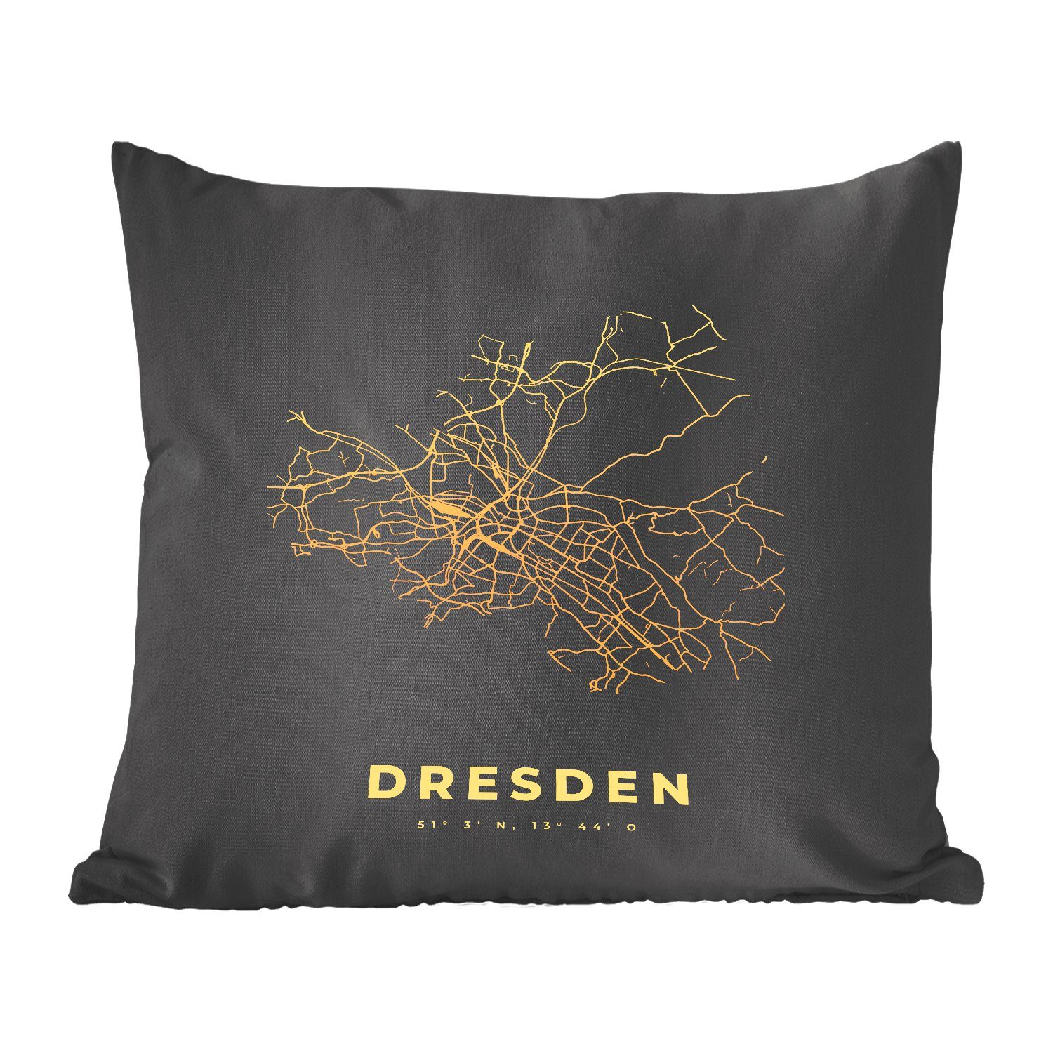 MuchoWow Dekokissen Dresden - Karte - Gold - Stadtplan, Zierkissen mit Füllung für Wohzimmer, Schlafzimmer, Deko, Sofakissen
