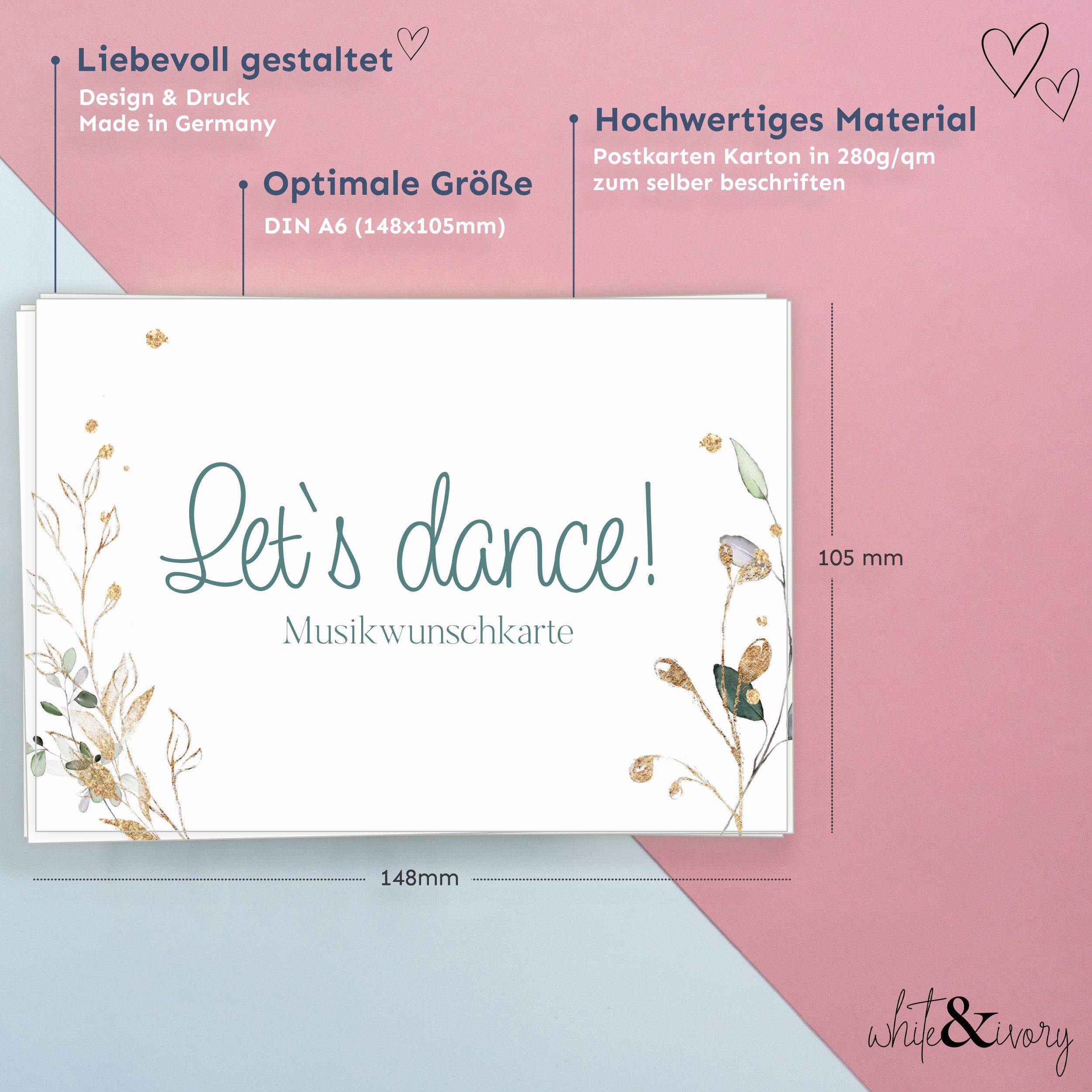 white & ivory Papierdekoration Musikwunschkarte, floral, 50 Stück, beschreibbar