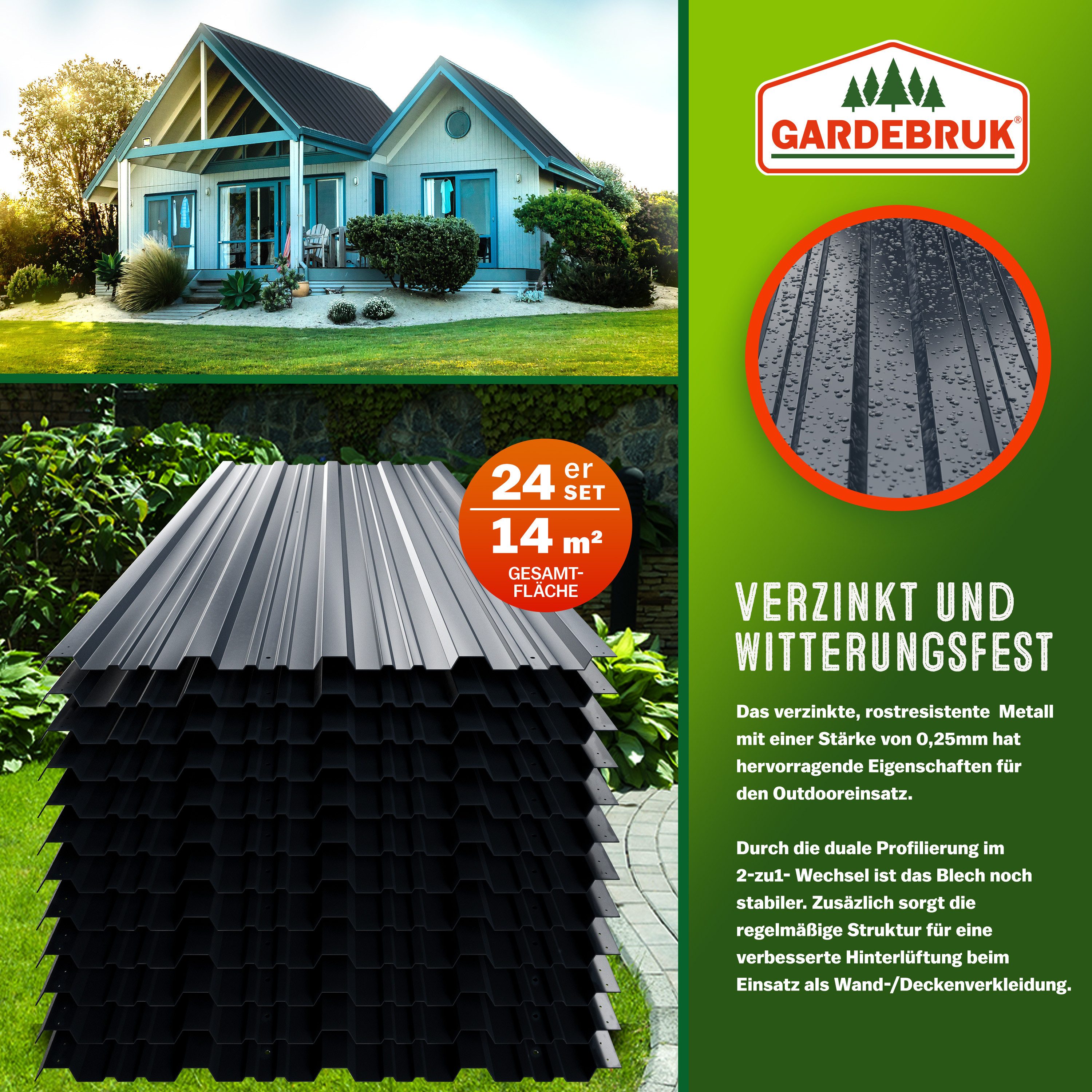 Gardebruk Gerätehaus, BxT: 46x129 cm, 24x Trapezblech 129cm x 46cm = 14m² verzinkt Profilblech Dachblech