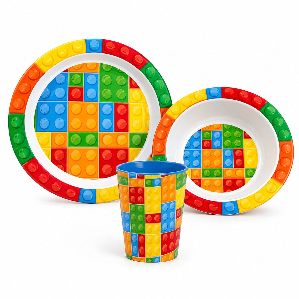 WS-Trend Kindergeschirr-Set Klemmbausteine Kinder Frühstücks-Set 3-tlg Teller Schüssel Becher, 1 Personen
