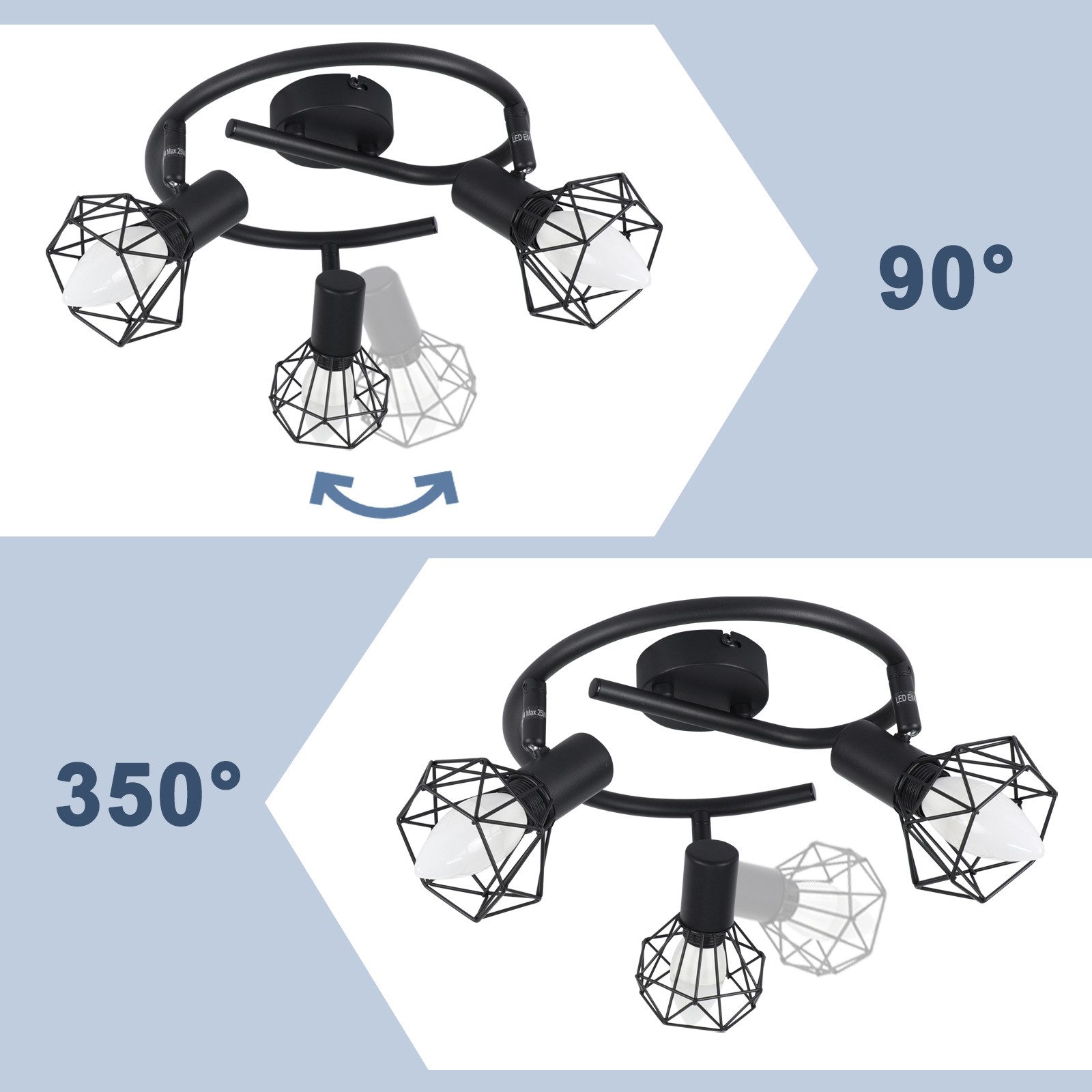 Nettlife Deckenstrahler Wohnzimmer Vintage Schwarz 2/3/4/5 Flammig E14 Industrial, Schwenkbar 350°, LED wechselbar, drehbar für Wohnzimmer Flur Esszimmer und weitere Wohnräume