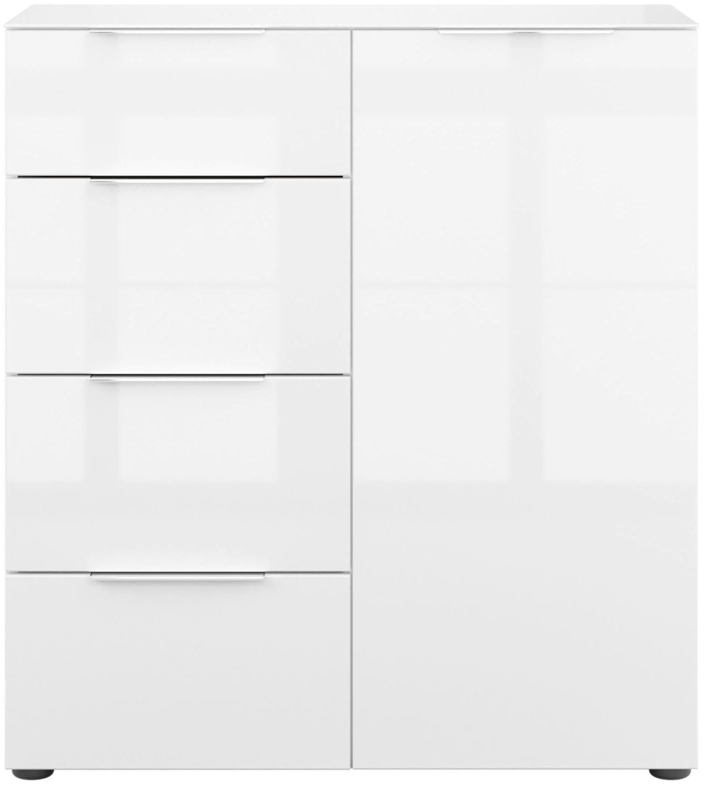 Manjana Möbel Highboard mit Chrom oder Schwarz matten Metallgriffen & Glasfront, Soft-Close, melaminbeschichteter Korpus, mit Vollauszug, Made in Germany