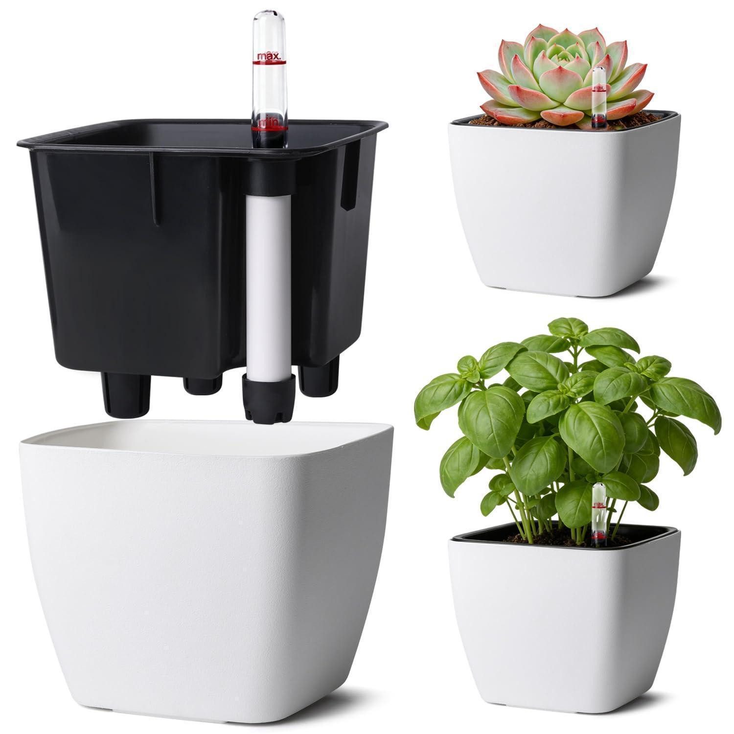 LuxusKollektion Kräutertopf Selbstbewässerungstopf Wasserstandsanzeige 3er Eckig Innen Weiß 12,5cm