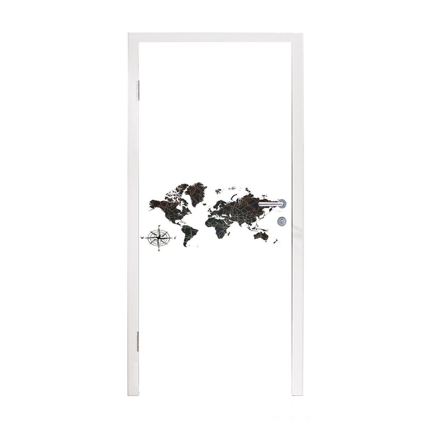 MuchoWow Türtapete Weltkarte - Schwarz - Weiß - Windrose, Matt, bedruckt, (1 St), Fototapete für Tür, Türaufkleber, 75x205 cm