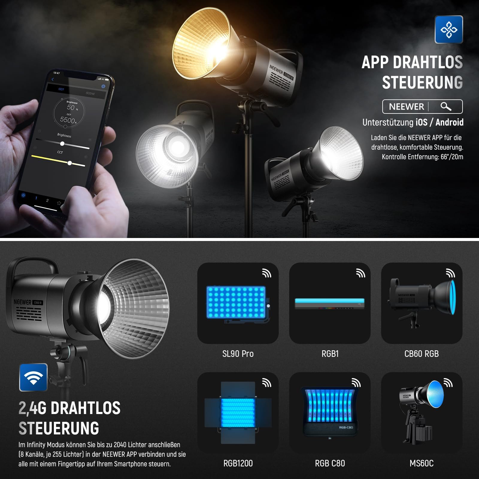 Neewer Videoleuchte CB60B 70W LED Videoleuchte, 2,4G/APP, zweifarbig 2700K-6500K, 34000 Lux/1m, CRI97+/12 Szenen/Bowens COB Dauerlicht für Studio – Bild 4 von 5