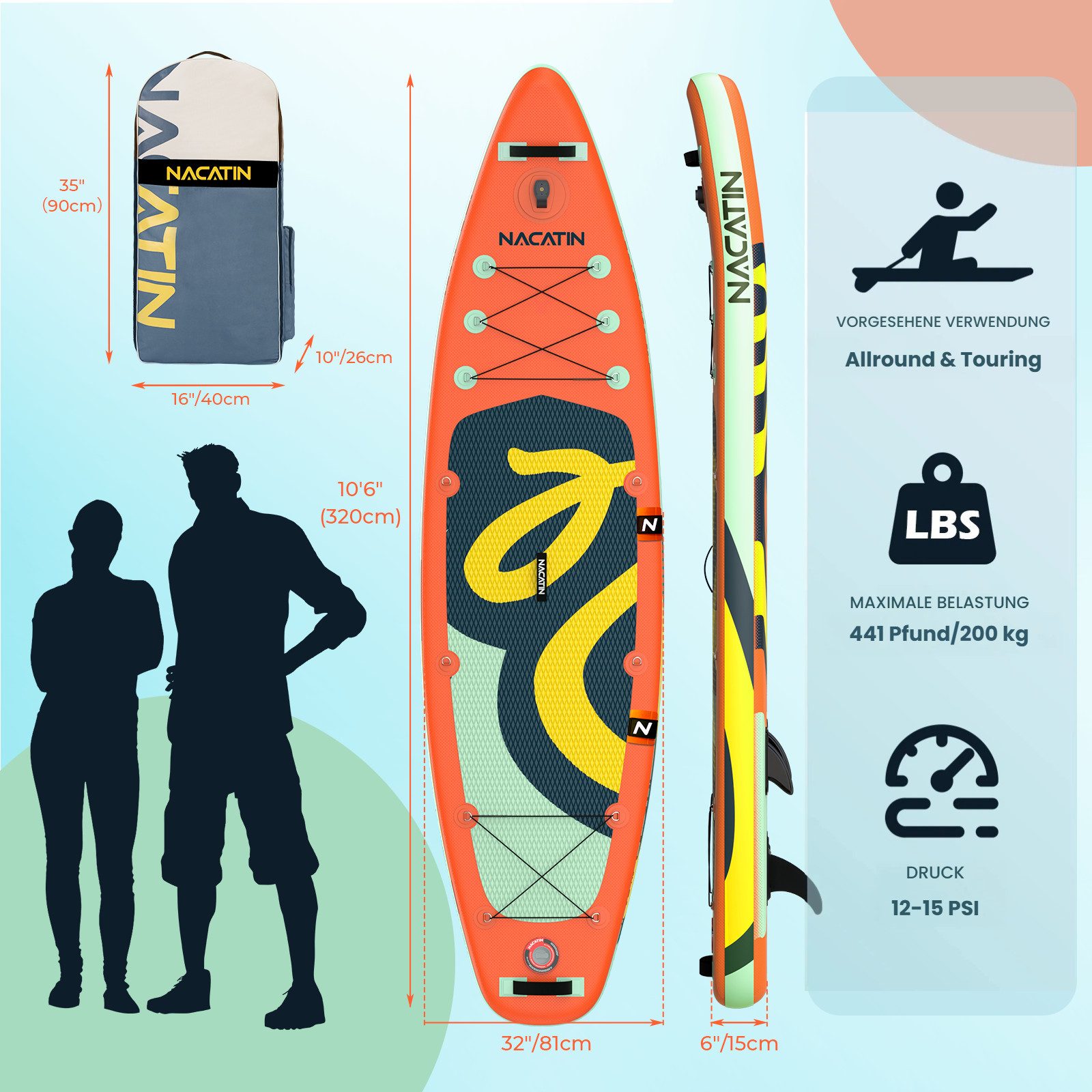 NACATIN Inflatable SUP-Board Aufblasbares SUP Board 10'6", Allround-Board, 200 kg Tragkraft, Inflatable SUP Board, mit Kajaksitz, Zubehör, Paddel, Pumpe, 10L Tasche & Leine