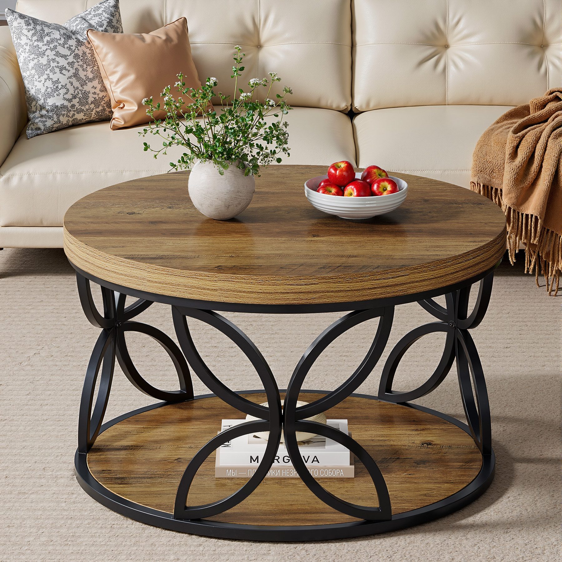 Tribesigns Couchtisch Rund 80 cm mit Stauraum, 2 Ebenen Wohnzimmertisch im Landhausstil (Runder Couchtisch mit Ablage), Sofatisch Holz Metall für Wohnzimmer, Büro