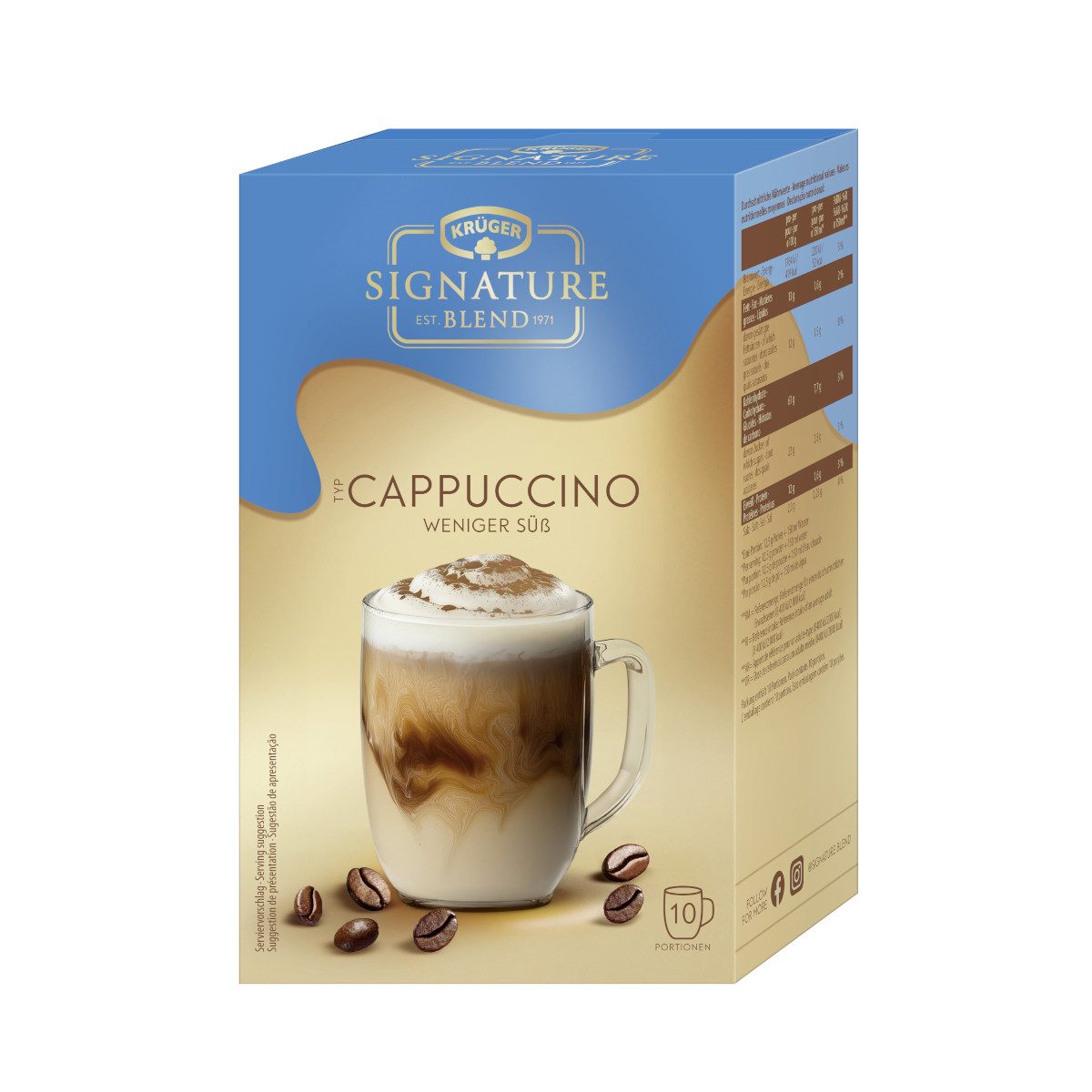 Krüger Kaffee, Krüger Signature Blend Cappuccino weniger süß 10x12,5g Packung 125g