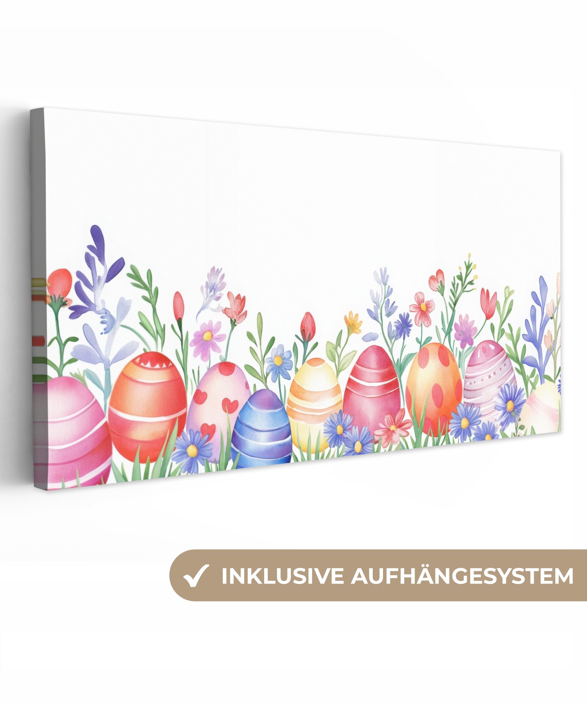 OneMillionCanvasses® Leinwandbild Panorama Blumengarten - Bunt - Eier - Ostern Deko, Fotodruck (1 St), Wandbild, Deko Schlafzimmer Wohnzimmer Flur 40x20 cm