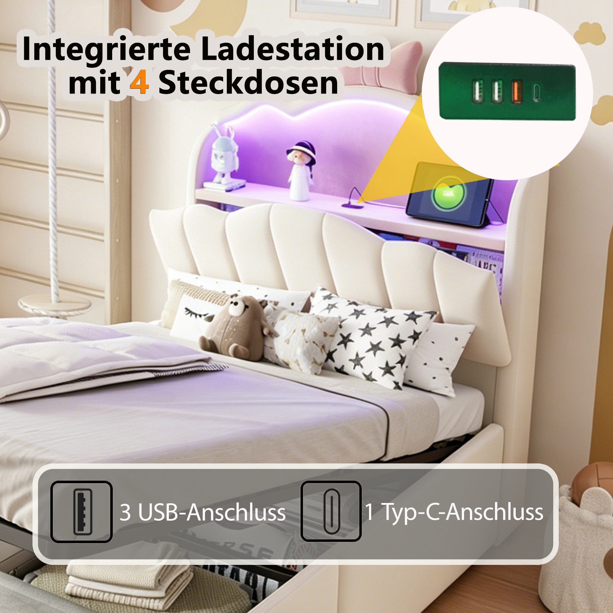 Celya Polsterbett Gepolstertes Kinderbett mit hydraulischem Stauraum, LED-Kopfteil (ohne Matratze, Samtbezug, mit USB- und USB-C-Ladeanschlüssen), aufklappbarem – Bild 3 von 5