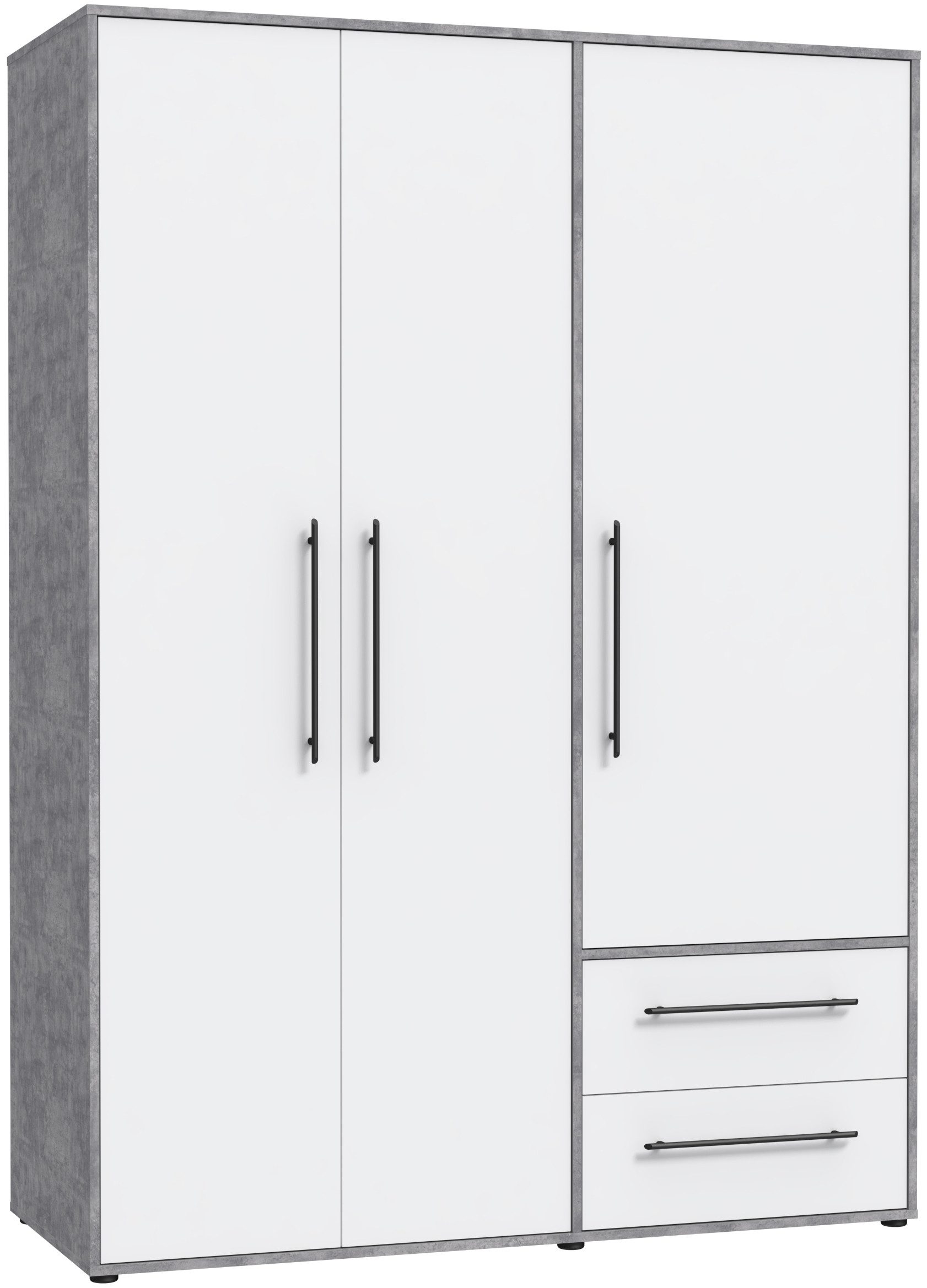 FORTE Kleiderschrank Mokkaris, Garderobe, zeitloses Design, 3 Türen, Made in Europe (B/H/T ca. 144x200x59cm) Zwei Schubladen, schwarze Stangengriffe, Stauraum, auch in Schwarz