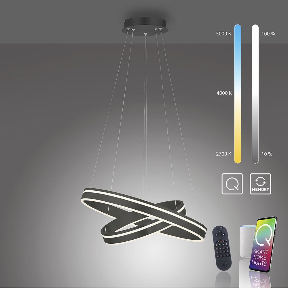 Paul Neuhaus Smarte LED-Leuchte LED Pendellampe Smart Home Q VITO, Smart Home, RGB+W-Farbregelung, Dimmfunktion, Memoryfunktion, mit Leuchtmittel, messing matt rund doppel Ring Fernbedienung schwarz