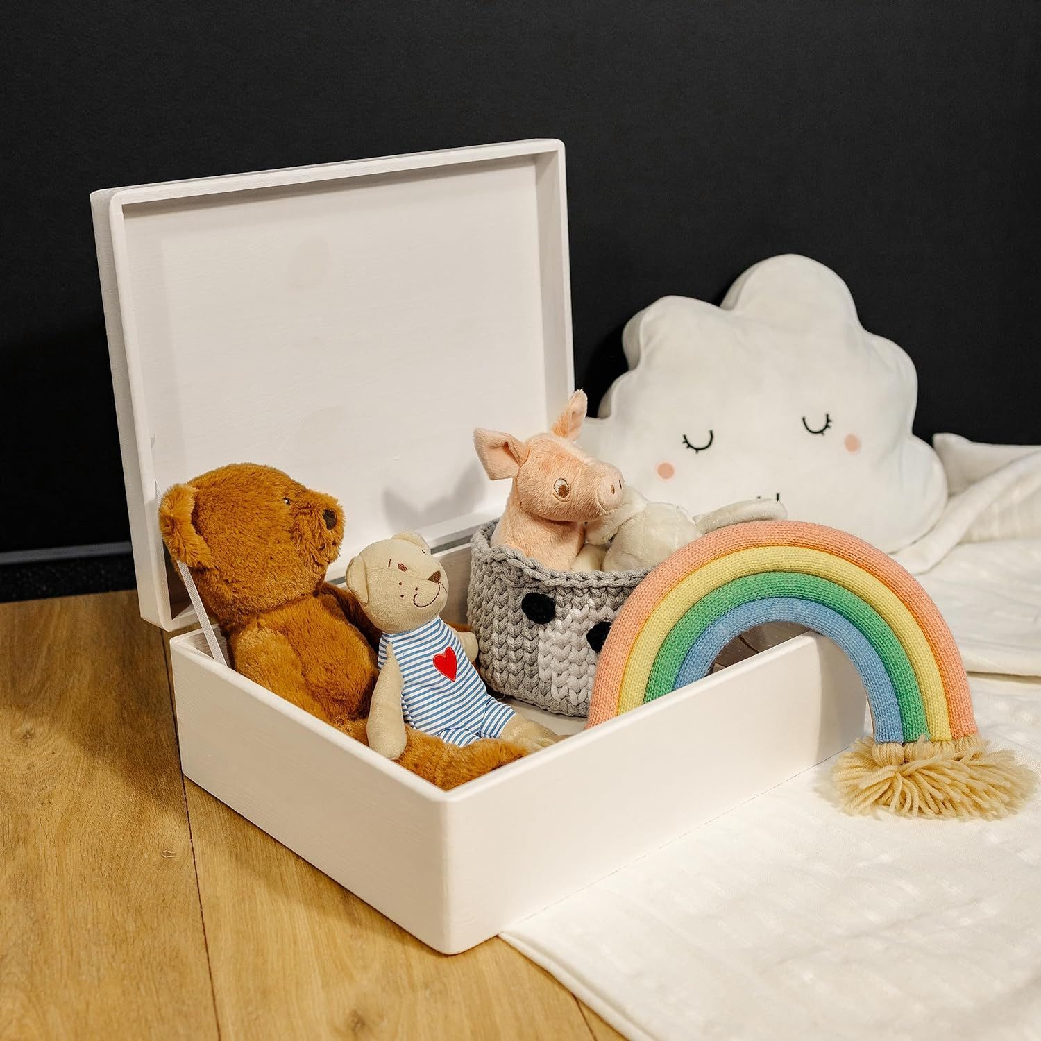 Creative Deco Holzkiste XL Große Holzkiste mit Deckel, 40x30x14 cm, Erinnerungsbox Baby, abgerundete Kanten