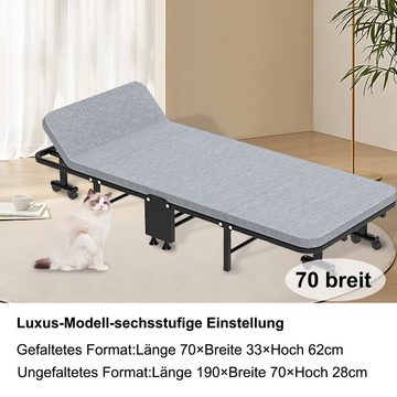 TWSOUL Klappbett Klappbett,Gästebett,70*190CM Kopfteil in 6 Positionen verstellbar, Mit 360° Universalrädern