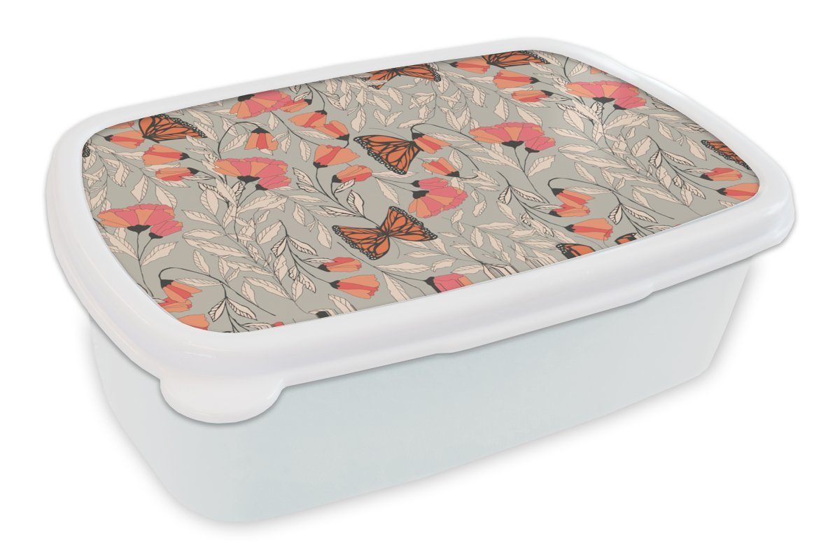 MuchoWow Lunchbox Schmetterlinge - Muster Jungs Kunststoff, weiß - (2-tlg), Brotdose, Brotbox und für Kinder Tiere, für Erwachsene, Mädchen und