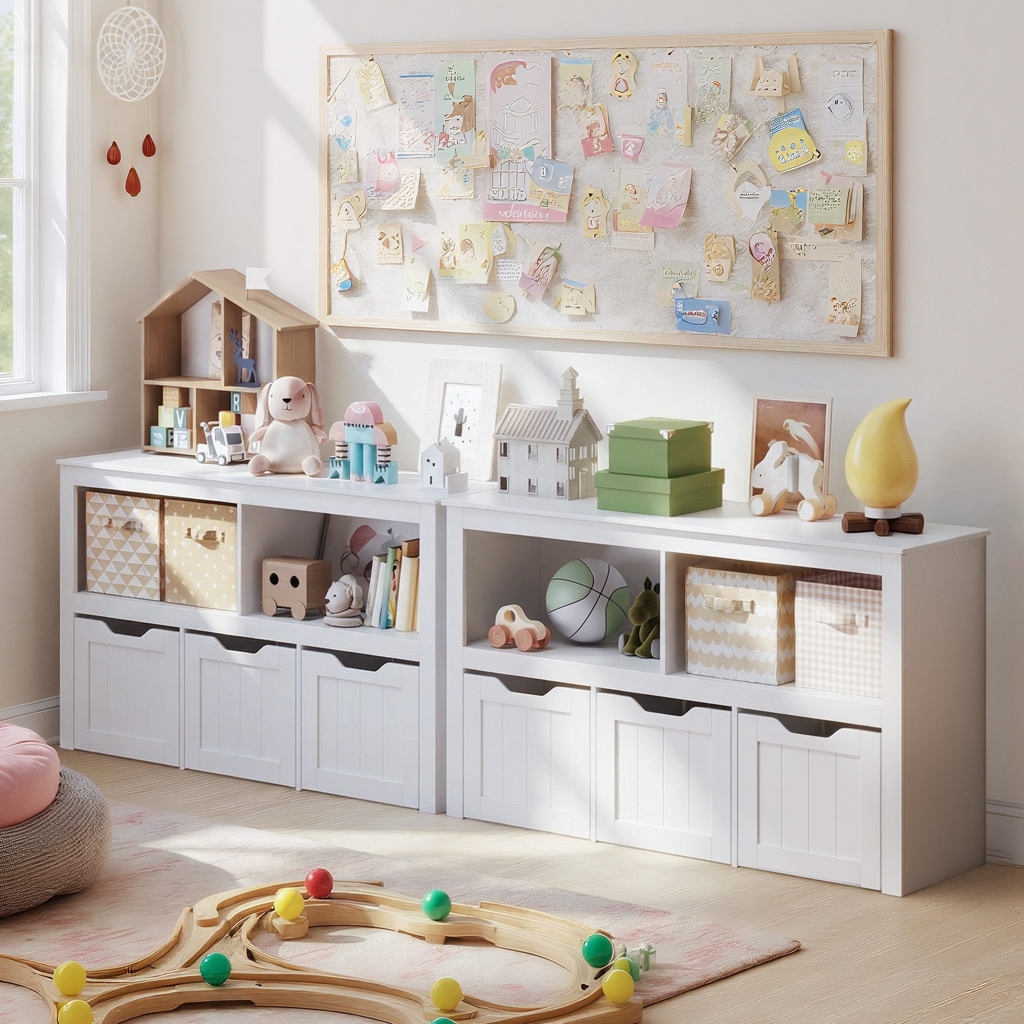 Blishom Spielzeugtruhe Kinderregal mit 3 rollbaren Spielzeugboxen & 2 Fächern, Niedriges Spielzeugregal, 360°-Rollen, abgerundete Kanten – Bild 4 von 5