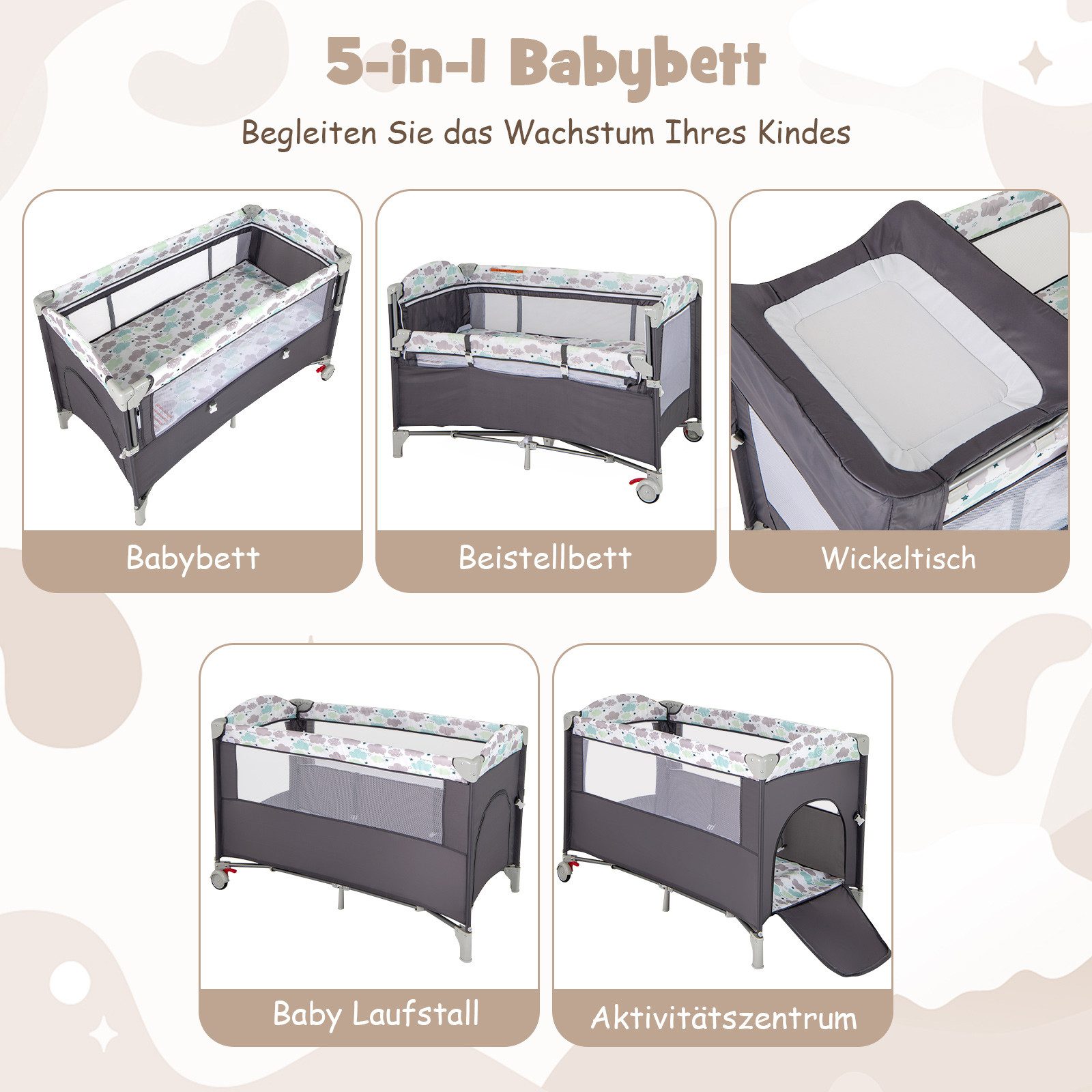 COSTWAY Baby-Reisebett 2 Ebenen 4 in 1 Babybett, mit Matratze & Spieluhr