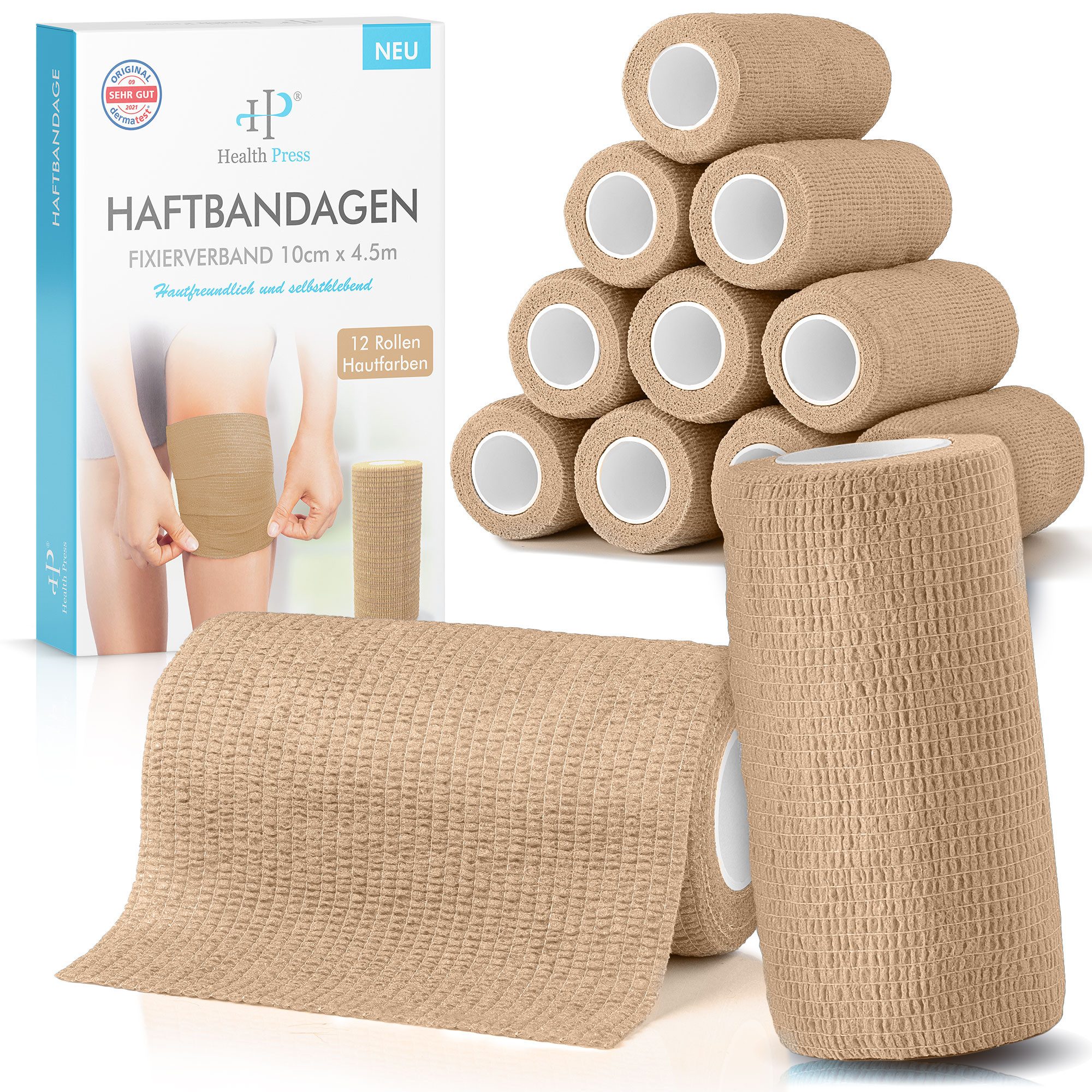 Health Press Bandage Selbstklebender Verband - 12 Elastische Bandagen Rollen (10cm x 4,5m)