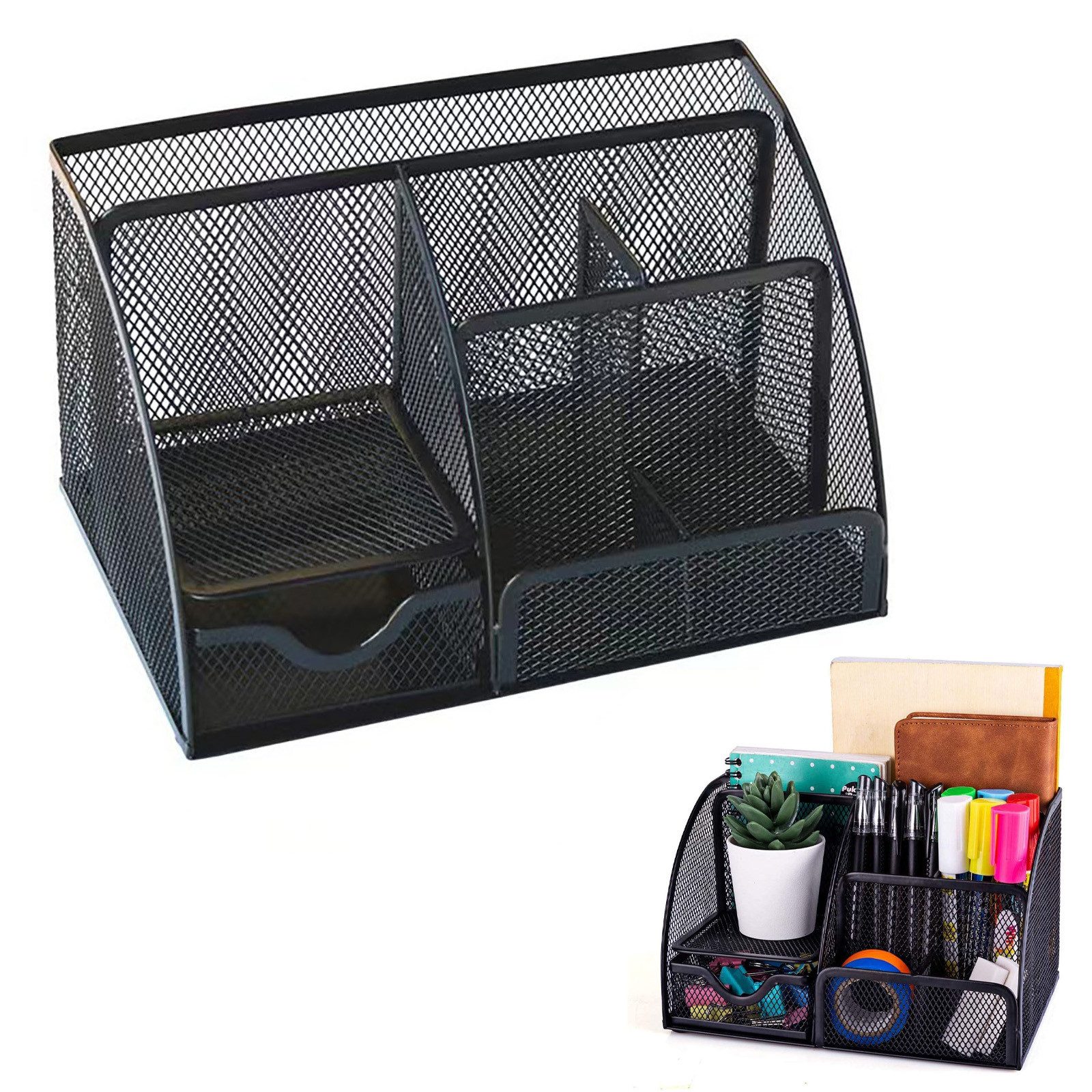 OKWISH Organizer Schreibtisch Organizer Stifthalter Schreibtischorganizer Mesh Metall (Desk-Organizer mit 6 Fächer und 1 Schublade, 1 St., Platzsparendes Büro-Organizer Große Kapazität), Büro Schule Schreibtisch Bleistift Stifte Hefter Schreibwaren Lagerung