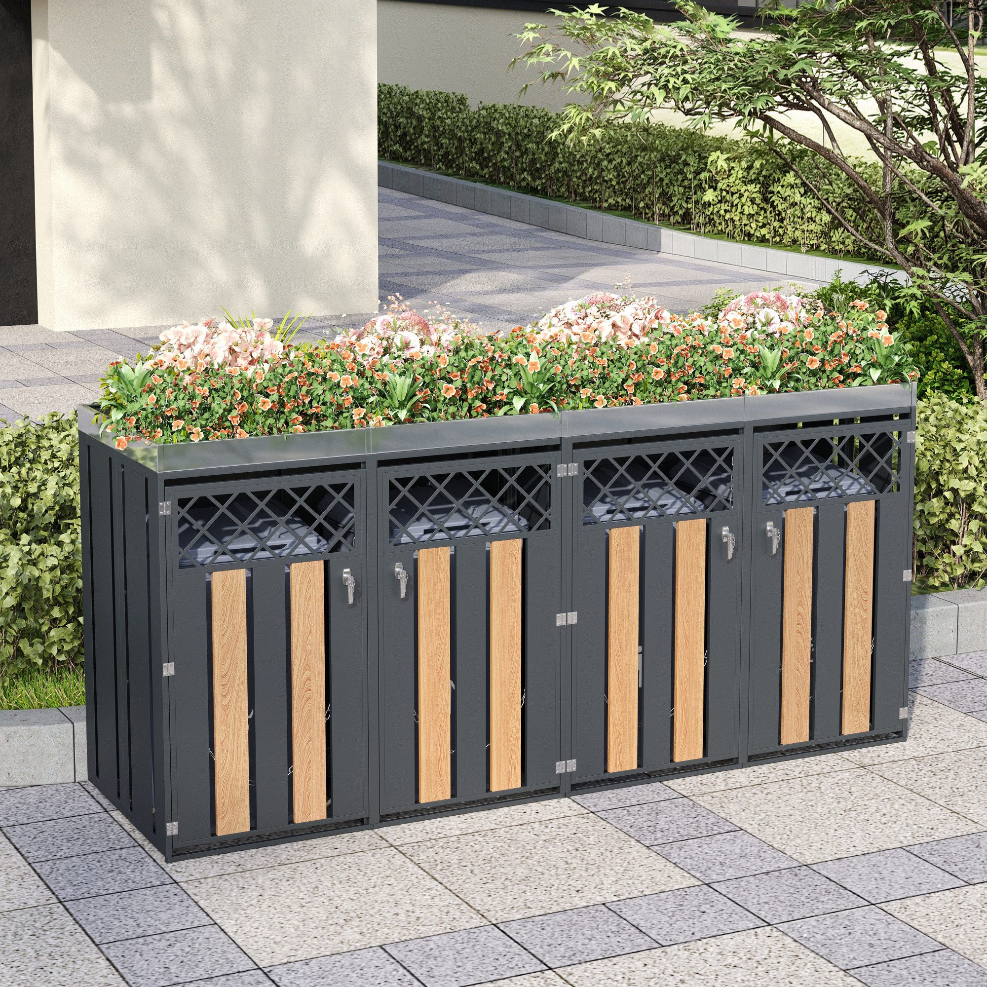 Refined Living Mülltonnenbox Mülltonnenbox Stahl mit Pflanzkasten, Schloss & Belüftung Holzoptik (Mülltonnenbox für 4 Tonnen, 264x80x124,5 cm, Stahl verzinkt, Grau Holzoptik, abschließbar, 2 St., 4 Türen, Pflanzkasten integriert, Rautenbelüftung, großes Volumen), Mülltrennung System, Garten Wohnanlage Gewerbe, wetterfest Outdoor