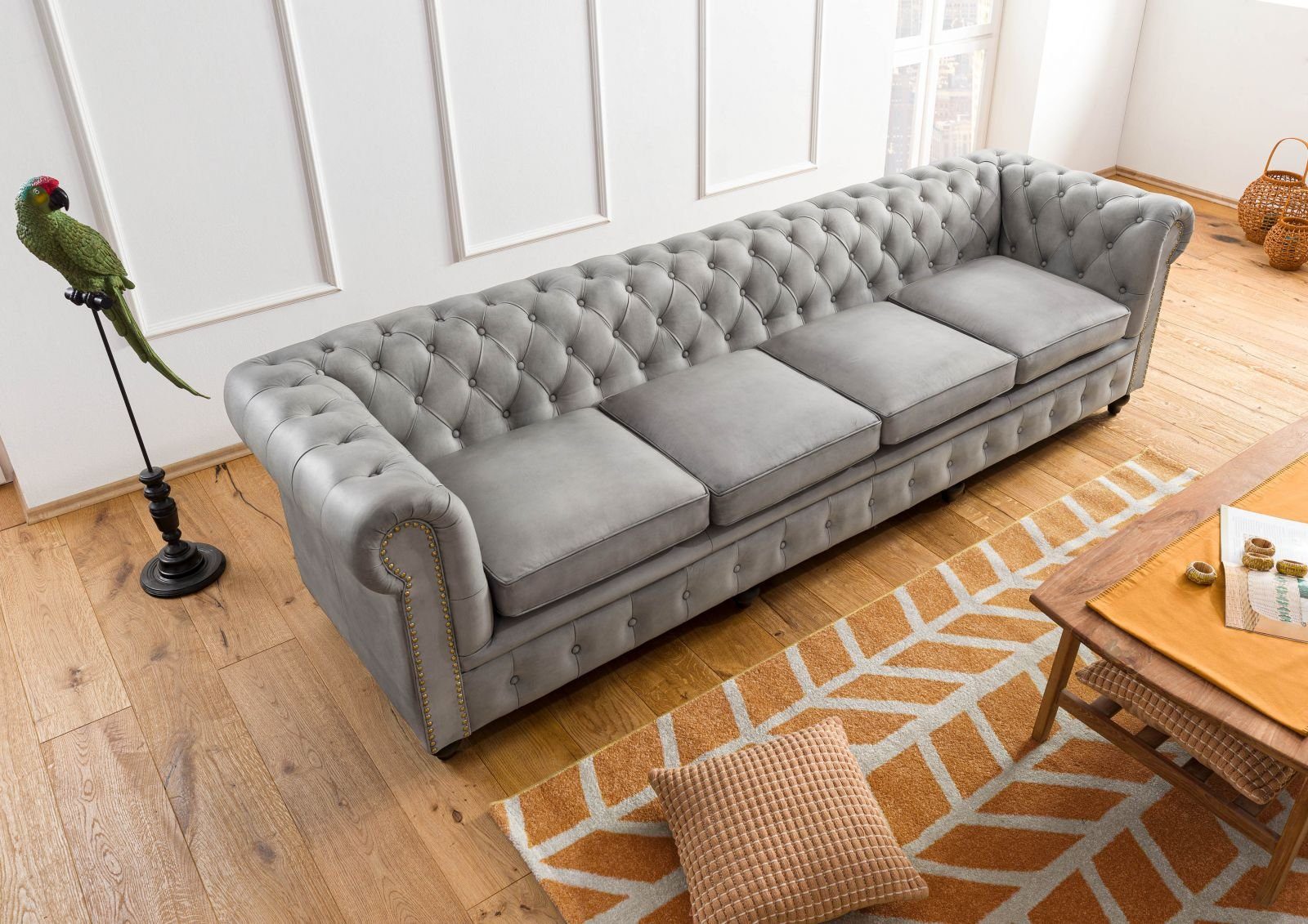 Massivmoebel24 Sofa CHESTERFIELD, Sofa 4-Sitzer Echtleder 274x82x75 grau CHESTERFIELD #204