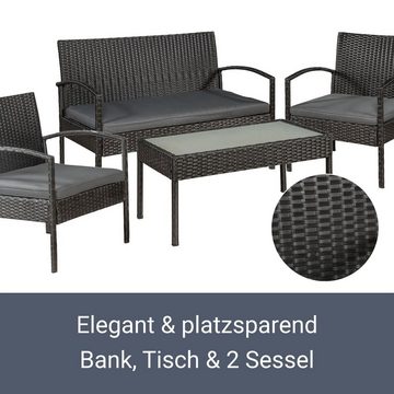 Juskys Gartenlounge-Set Trinidad, (4-tlg., Sitzgruppe), Polyrattan Sofa mit Tisch, 2 Stühlen und Auflagen, für 4 Personen