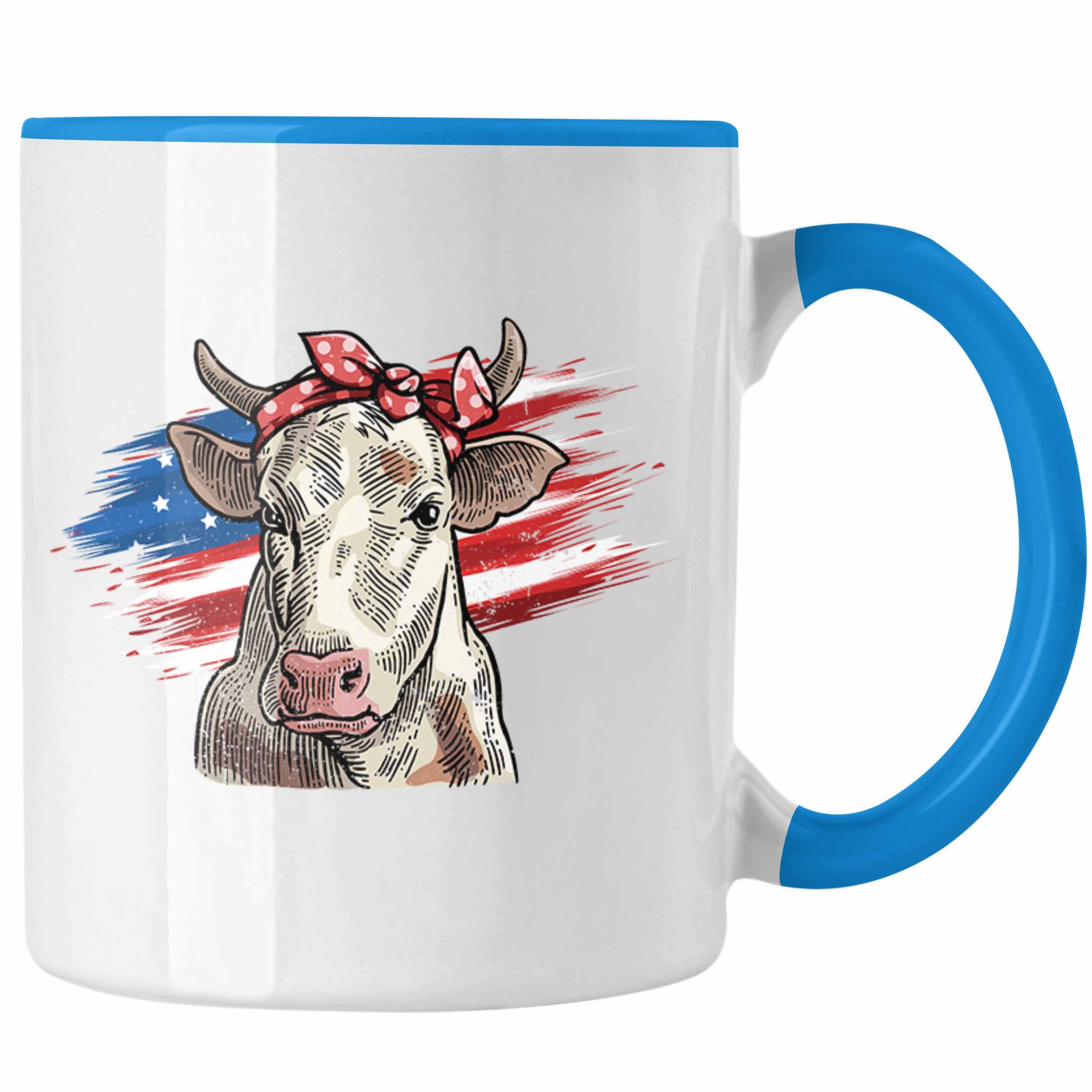 Trendation Tasse Trendation - Amerikanische Kuh Tasse Geschenk für Landwirt Bauern Geschenkidee Geburtstag Frauen Blau