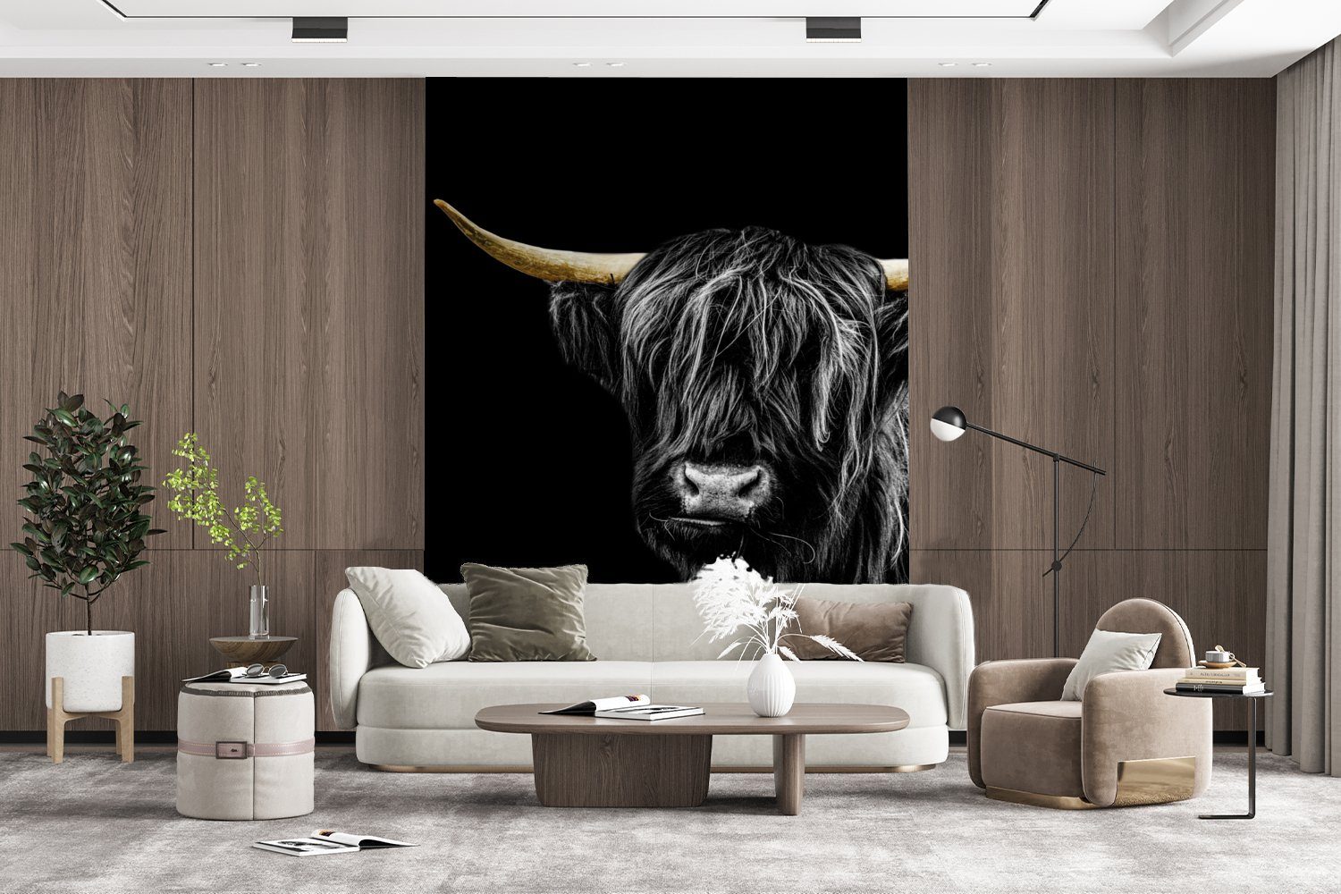 Montagefertig - MuchoWow Highlander Tapete - Vinyl (4 Wandtapete St), Wohnzimmer, bedruckt, Horn Fototapete Gold, für Matt, Schottischer