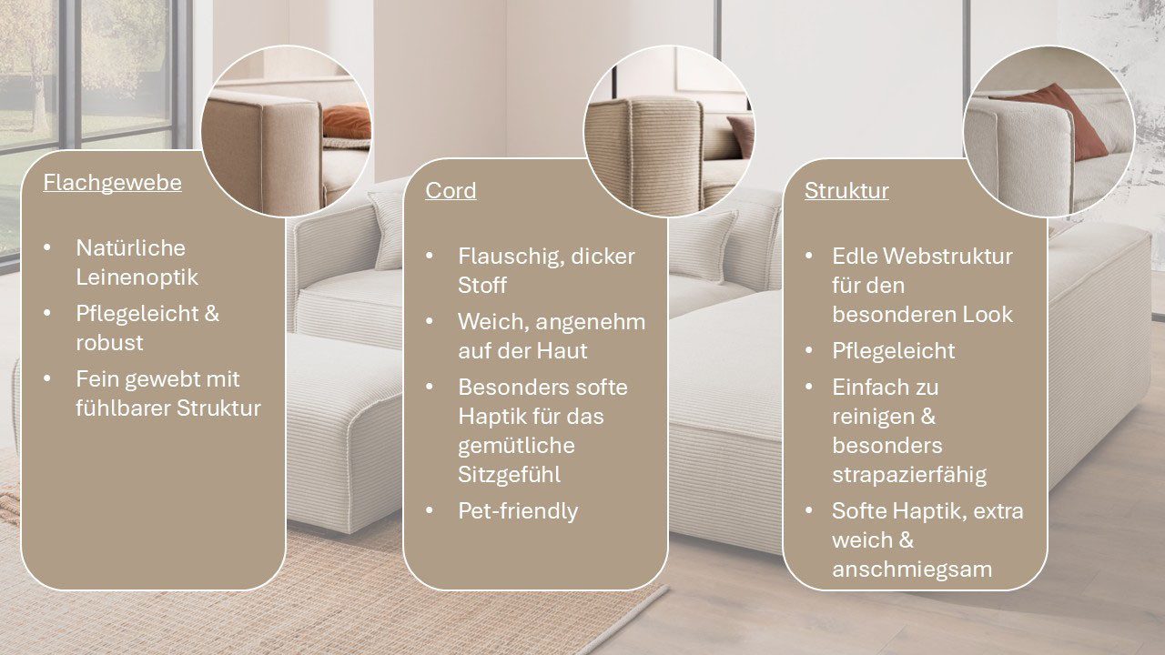 LeGer Home by Lena Gercke Ecksofa PIARA XXL, L-Form, Schlaffunktion, Cord, Leinenoptik o. Strukturstoff, Hocker stellbar zum Schlafsofa (Krokodilverbinder), tiefe Sitzfläche