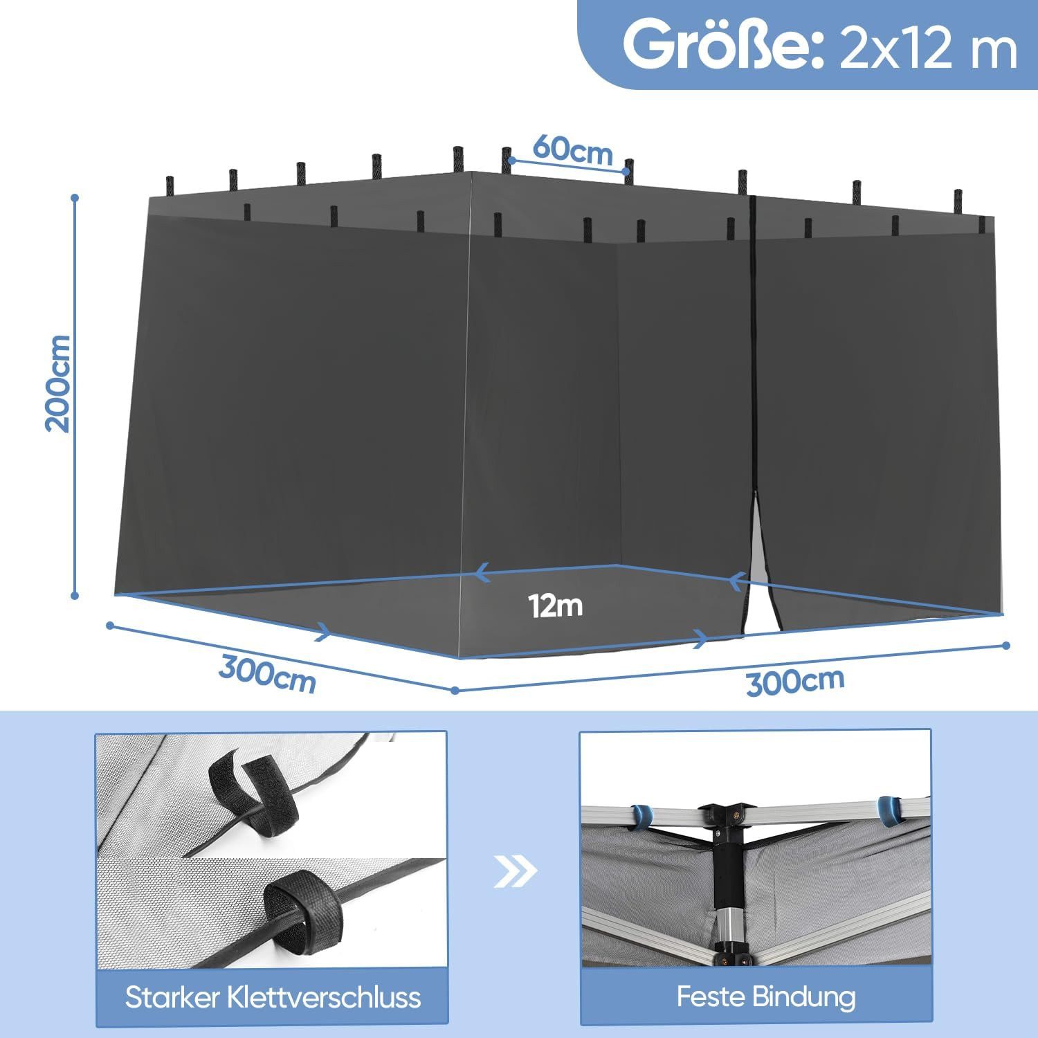 Sekey Moskitonetz Insektenschutz Fliegengitter für Pavillon 3x3m, mit Reißverschluss und Klettbänder