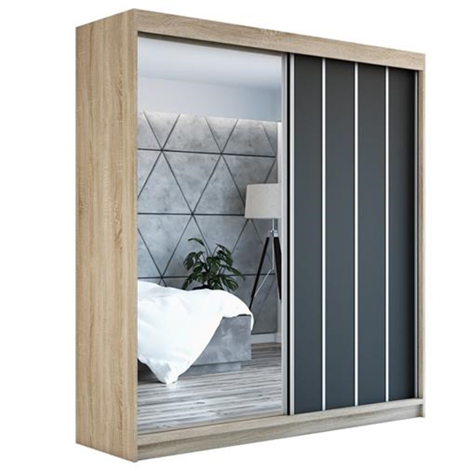 A&J MöbelLand GmbH Schiebetürenschrank VIGO mit Spiegel. (nur für kurze Zeit! TOP ANGEBOT! Geräumiger Schrank mit viel Stauraum:6 Regalen und 1 Kleiderstange – -ideal zur Aufbewahrung von Kleidung und Accessoires. TOP PRODUKT! Farbe und Größe (120 cm, 160 cm, 180 cm) zur Auswahl -wählen Sie das ideale Modell für Ihr Schlafzimmer!, Kleiderschrank mit Regalen) Breite: 120 cm, 160 cm, 180 cm, Höhe: 215 cm, Tiefe: 59,5 cm