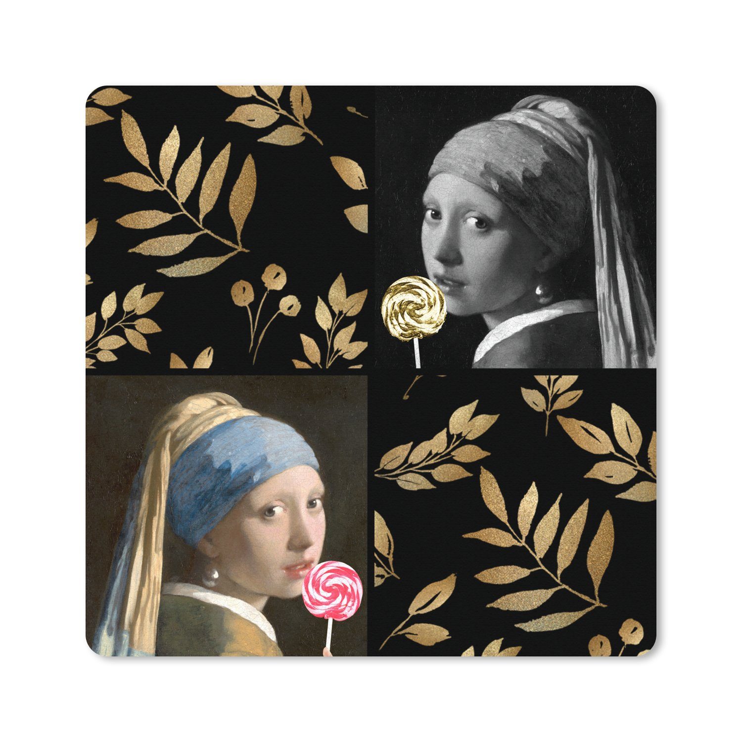 MuchoWow Gaming Mauspad Mädchen mit Perlenohrring - Gold - Collage (1-St), Gaming, Rutschfester Unterseite, Mausunterlage, 80x80 cm, XXL, Großes