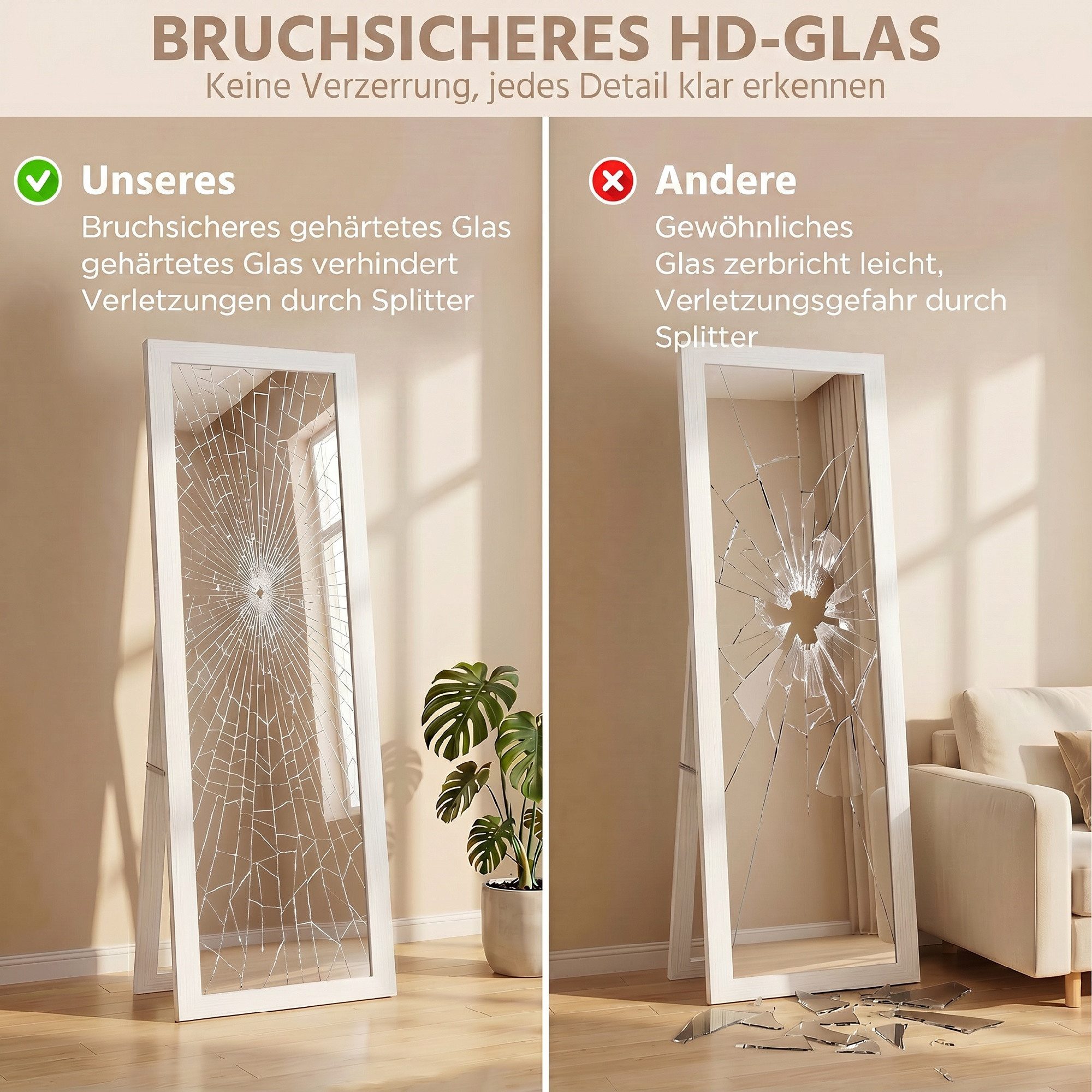 HOMCOM Standspiegel Ganzkörperspiegel Rechteckig, Holzoptik, groß, für Flur, Wohnzimmer (Stehspiegel, 1-St., Wandspiegel), für Wohnzimmer, Schlafzimmer, Weiß – Bild 5 von 5