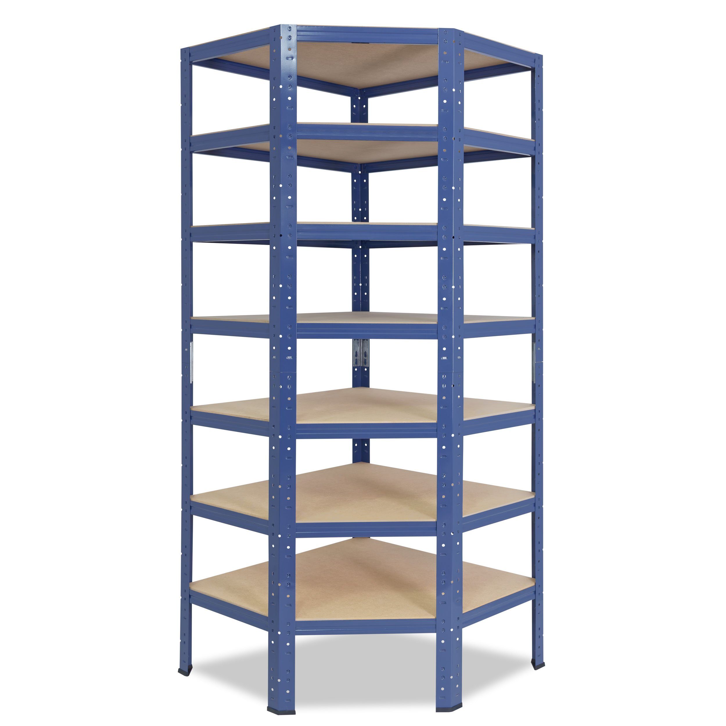 shelfplaza Eckregal HOME, 230x70x40cm blau, Metall Eckregal stehend mit 7 Böden, Corner Shelf 125kg Tragkraft Schwerlastregal Ecke, Steckregal verzinkt Eckregal Keller Garagen Regal