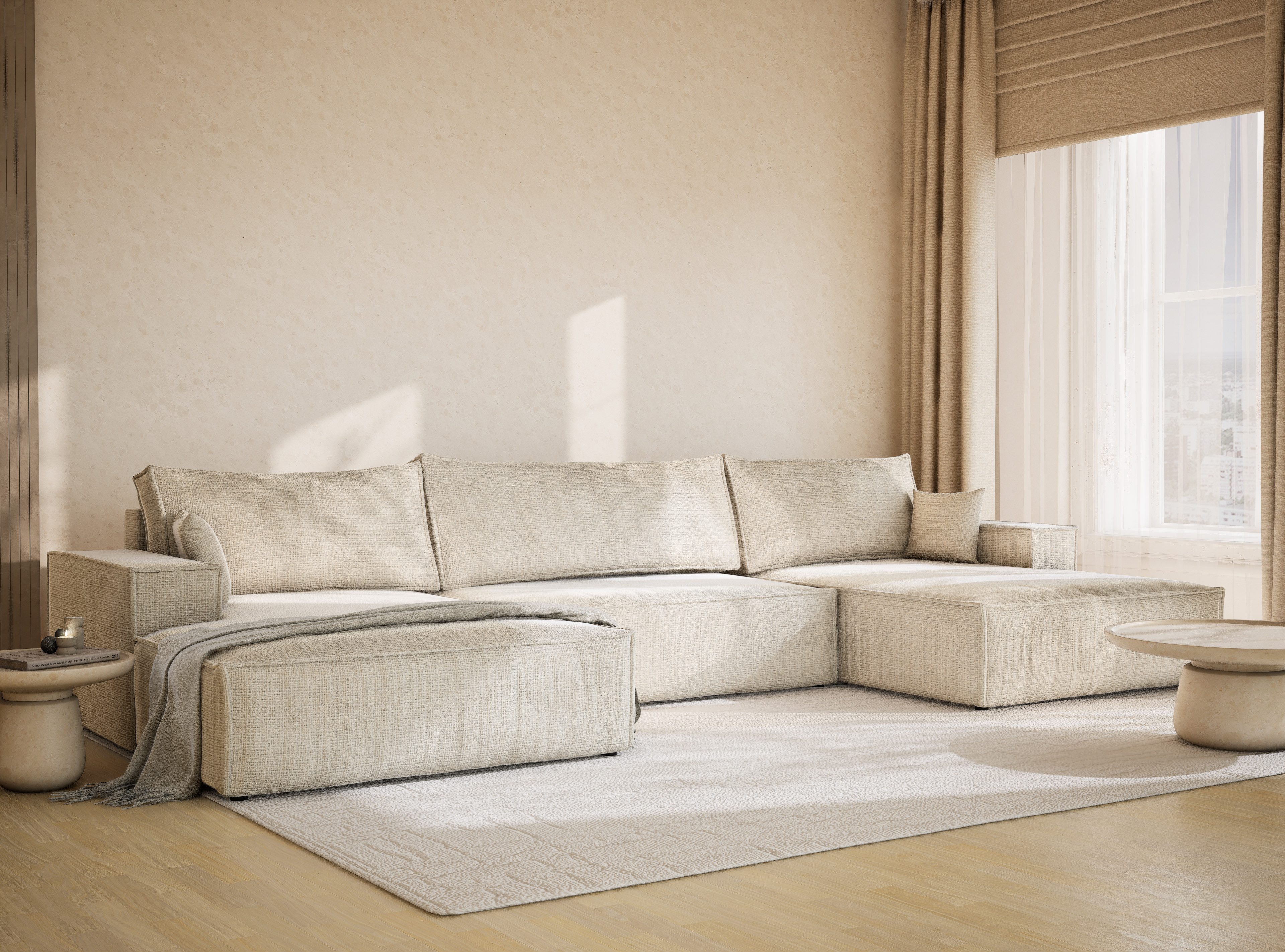 Maison de Rêve Wohnlandschaft Kyoto mit Schlaffunktion, U-Form Sofa mit Bettkasten, Zierkissen, Liegefläche 135x343 cm