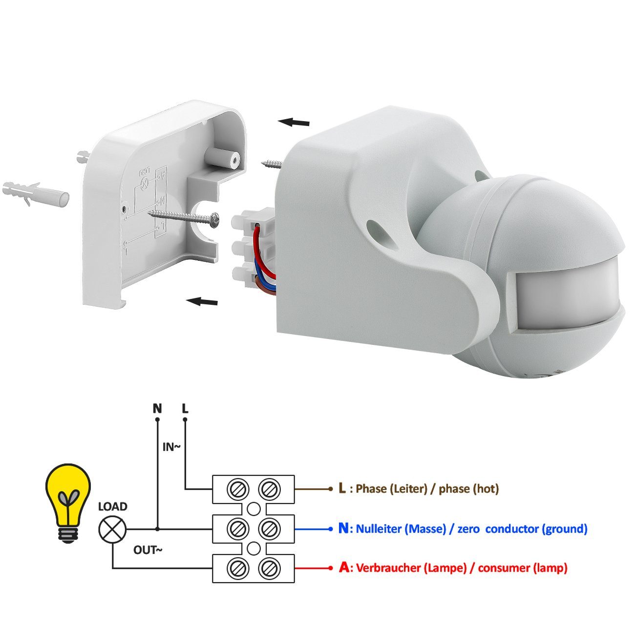 deleyCON Bewegungsmelder deleyCON Infrarot Bewegungsmelder - Innen/Außen IP44 - 180° bis 12m -