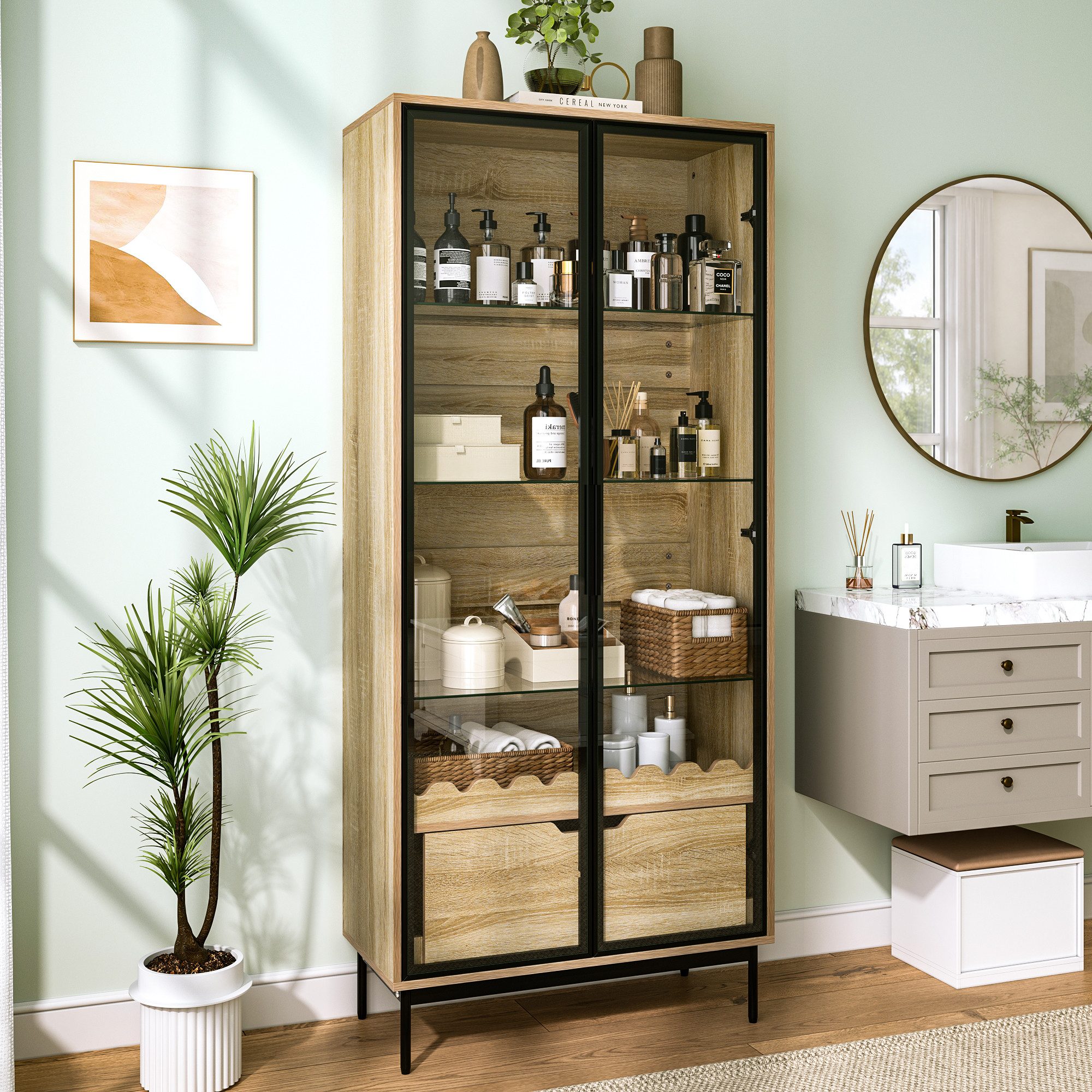 HAUSS SPOLE Vitrine mit Glastür,Standschrank Hochschrank mit Schublade & Metallfüßen,Natur (Glastürschrank Aufbewahrungsschrank mit Wellendekor und geschlossene Stauraumlösung) Hochschrank mit höhenverstellbare Einlegeböden und Metallfüßen