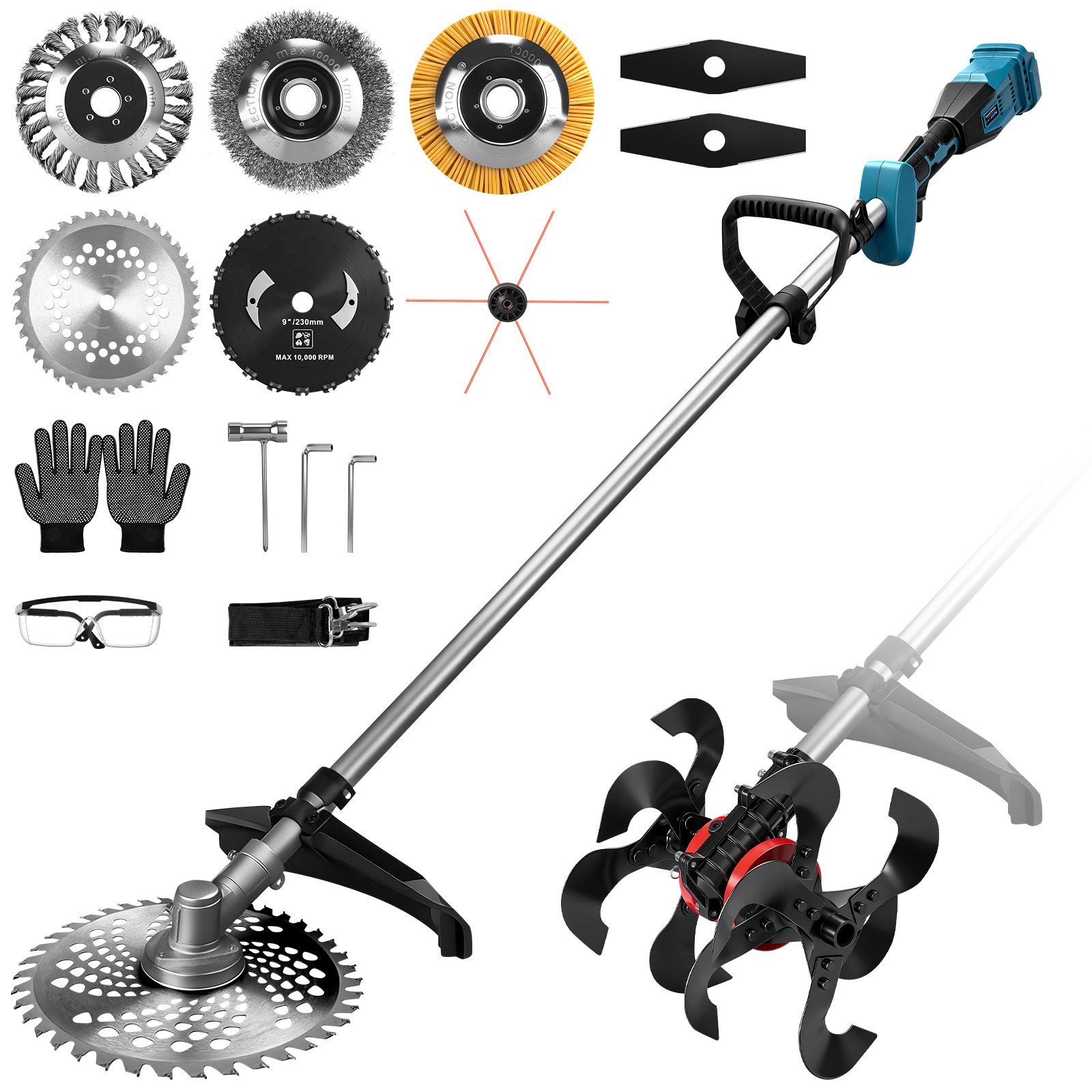 XERSEK Akku-Motorhacke 2in1 Bodenhacke & Rasentrimmer, Gartenfräse Bodenfräse Freischneider, inkl.16 Zubehörteile, Bürstenloser Motor, Schmiernippel[Ohne Akku], Abnehmbare Multifunktionale Bodenhacke, Kompatibel mit Makita Akku