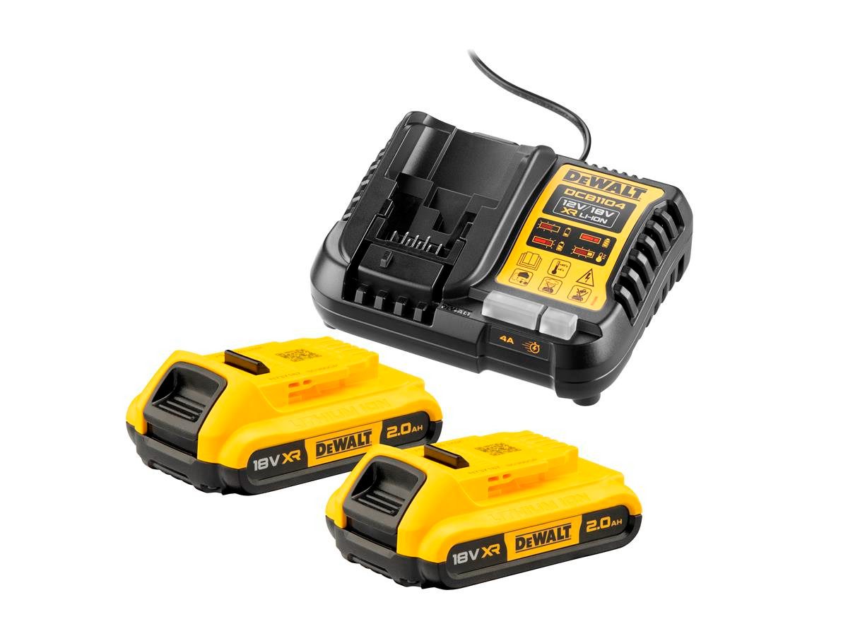 DeWalt (2x 18V/2Ah plus DCB1104) Akku-Set (18 V), Ladezustandsanzeige mit 3 LEDs, Überlastungsschutz, Überhitzungsschutz