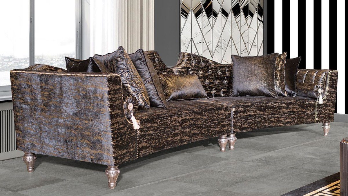 Casa Padrino Sofa Luxus Barock Sofa Schwarz / Gold / Silber - Gebogenes Wohnzimmer Sofa - Hotel Sofa - Luxus Barock Wohnzimmer & Hotel Möbel