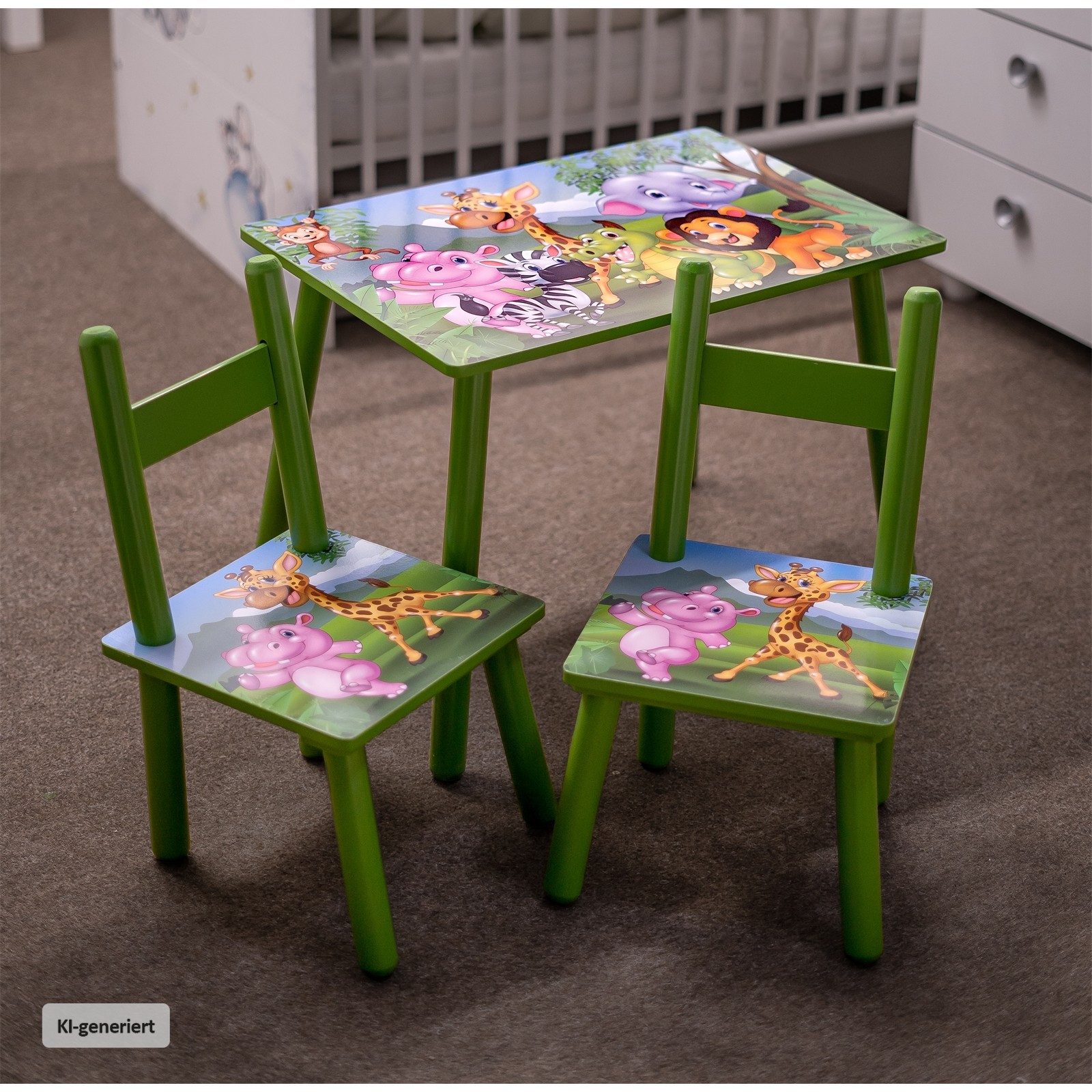 HTI-Line Kindersitzgruppe Kindertischgruppe Dschungel, (Set, 3-tlg., 1 Tisch, 2 Stühle), Kindertisch Kinderstuhl Kindermöbel