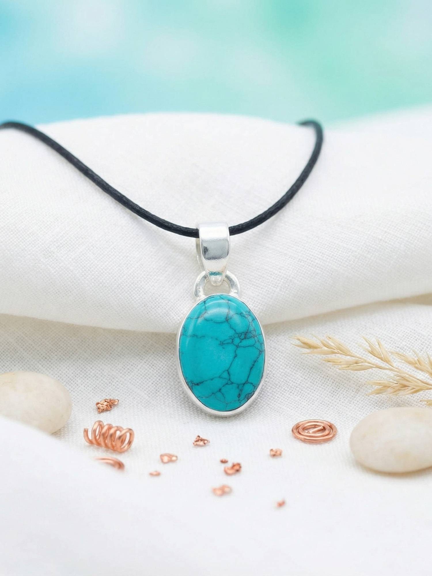 mantraroma Kettenanhänger SAMA oval aus 925 Silber mit Türkis (Kettenanhänger am Baumwollband im Schmuckbeutel), 925 Sterling Silber Kettenanhänger für Damen