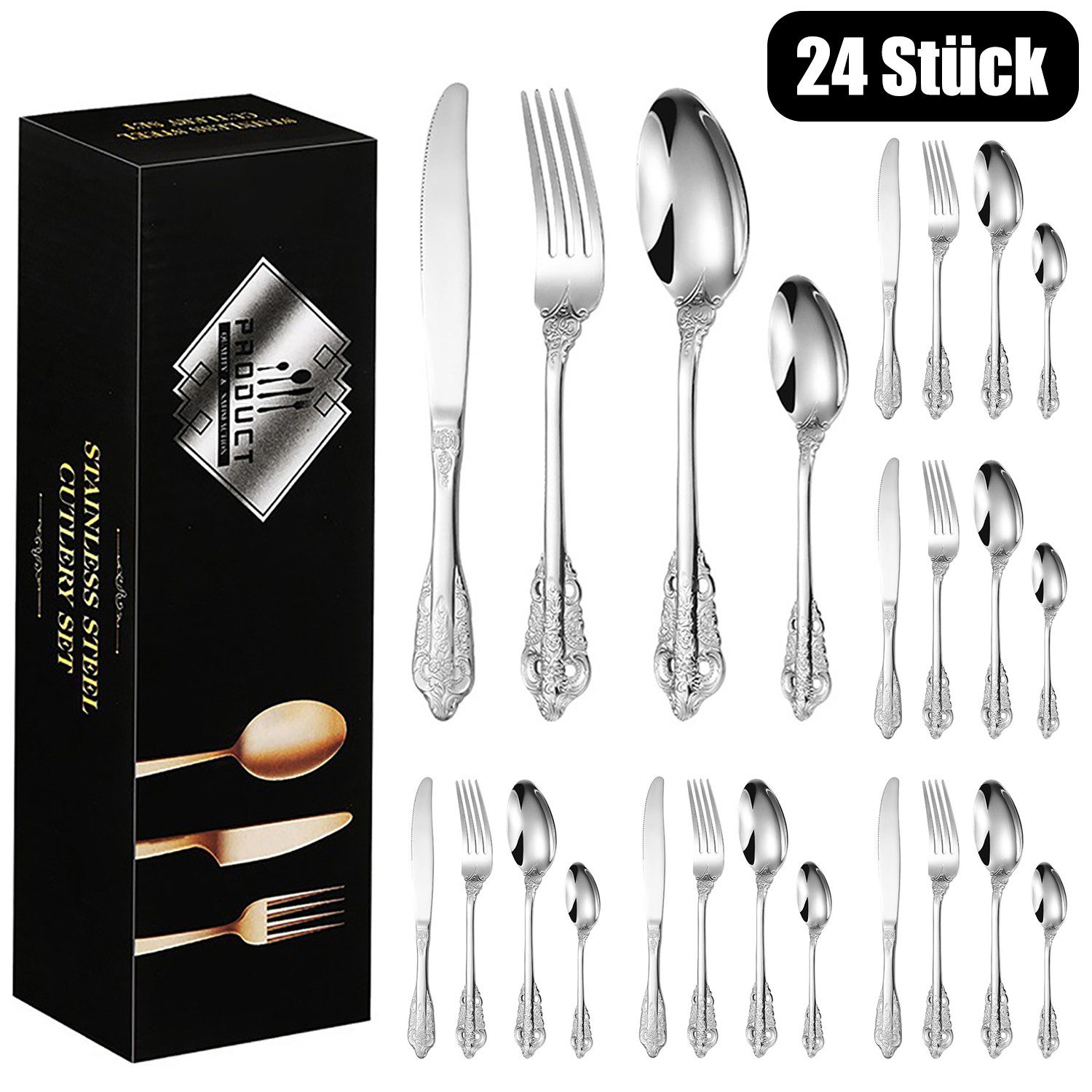 YVMOOEC Besteck-Set Besteck Set 24 tlg. aus Edelstahl mit geprägten Griffen für 6 Personen (24-tlg), 6 Personen, Als Geschirrset elegant und langlebig, ideal für Alltag und Feste, Spülmaschinenfest & rostfrei, mit Gabeln & Besteck für Alltag