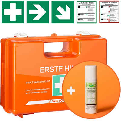 Werkstein Erste-Hilfe-Koffer inkl. 50ml Wund- und Augenspray, Wandhalterung, 5x Aufkleber & Plombe, Mit Inhalt nach DIN 13157:2021