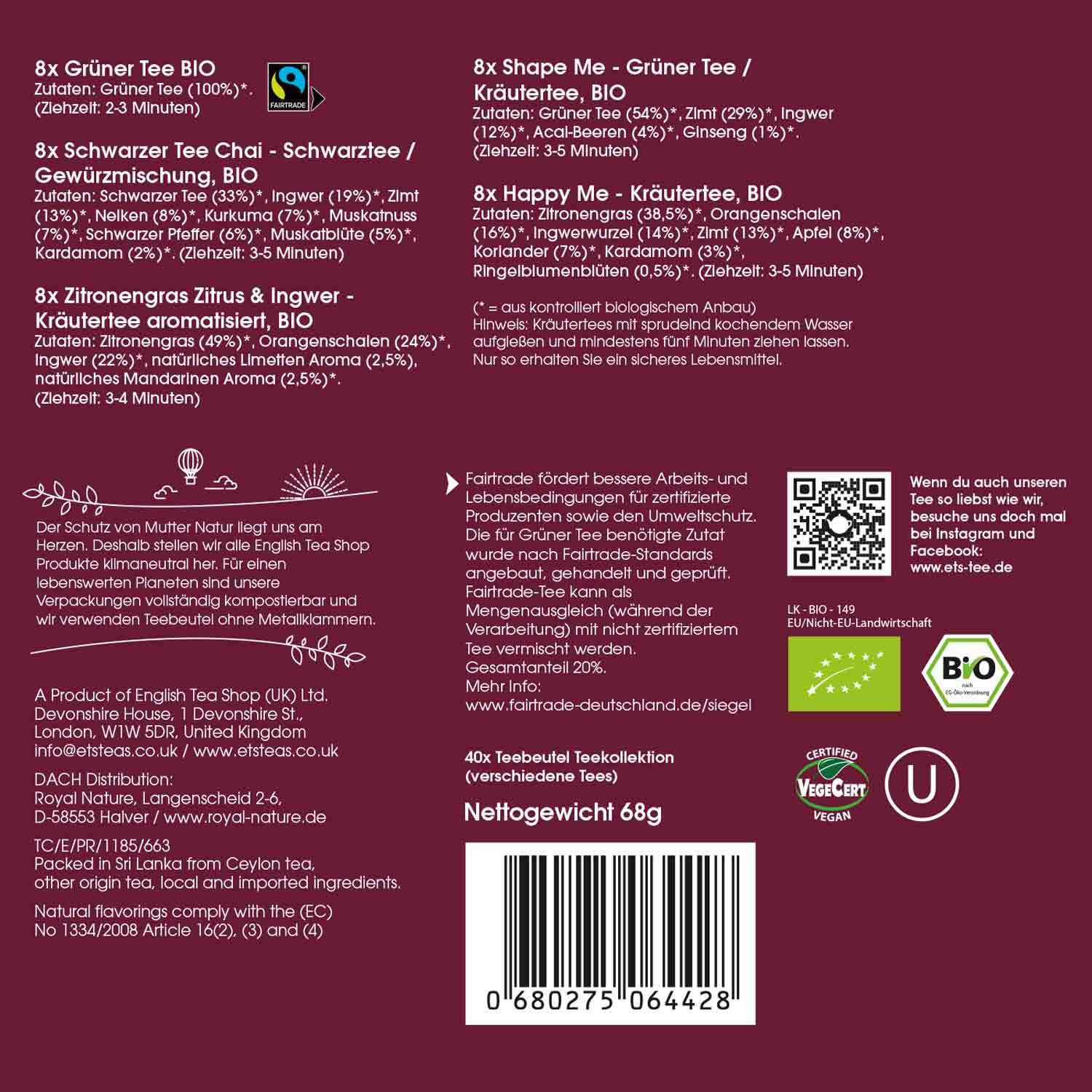 English Tea Shop Tee Kollektion "Wellbeing Favourites", Ayurveda Tee, BIO, 40 Teebeutel, 5 verschiedene Wohlfühl-Tees.