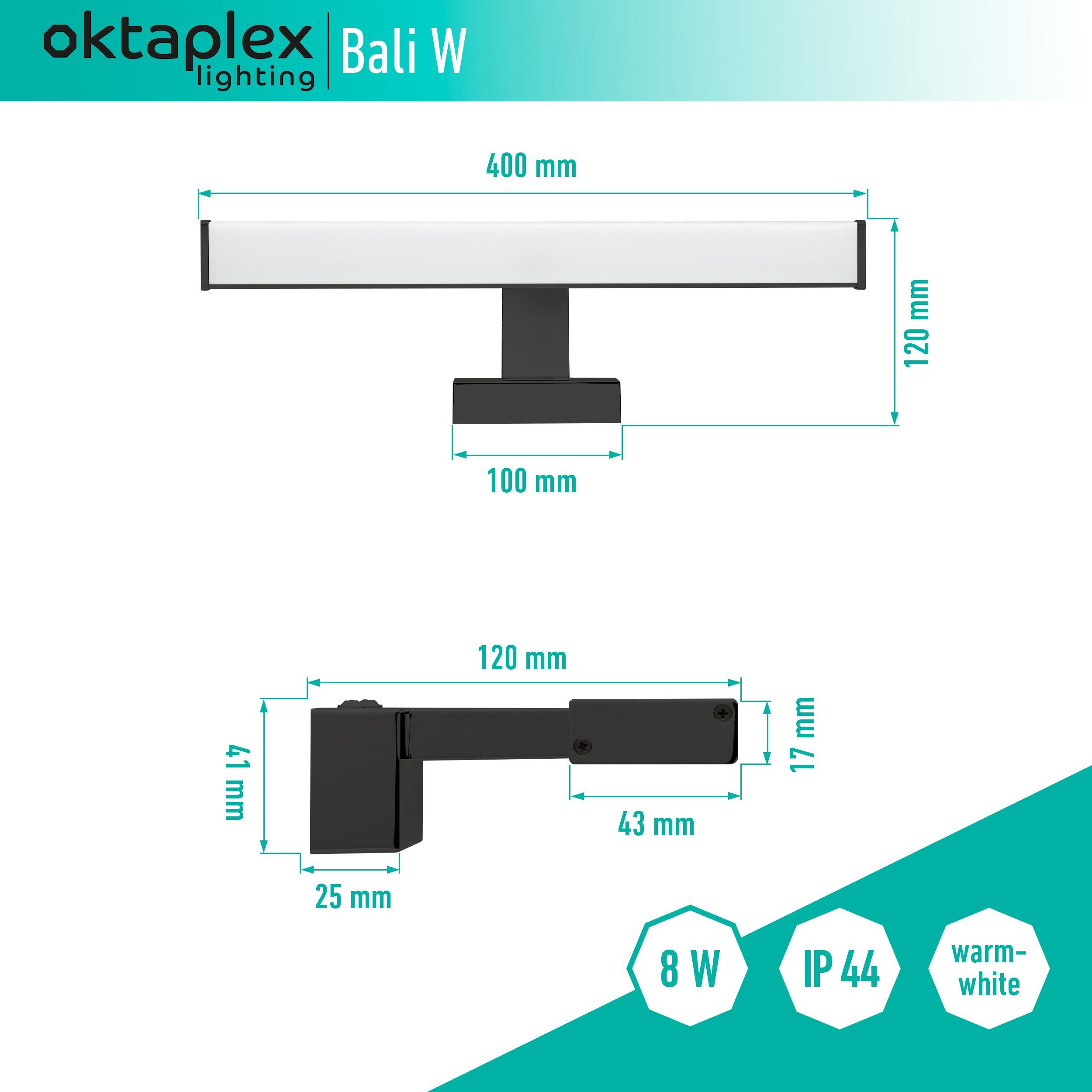 spiegellampe 8W, Oktaplex fest warmweiß, schwarz Schminklicht lighting 40cm, verbaut, 570lm Bali LED Spiegelleuchte LED LED 8W 3000K Spiegelleuchte IP44